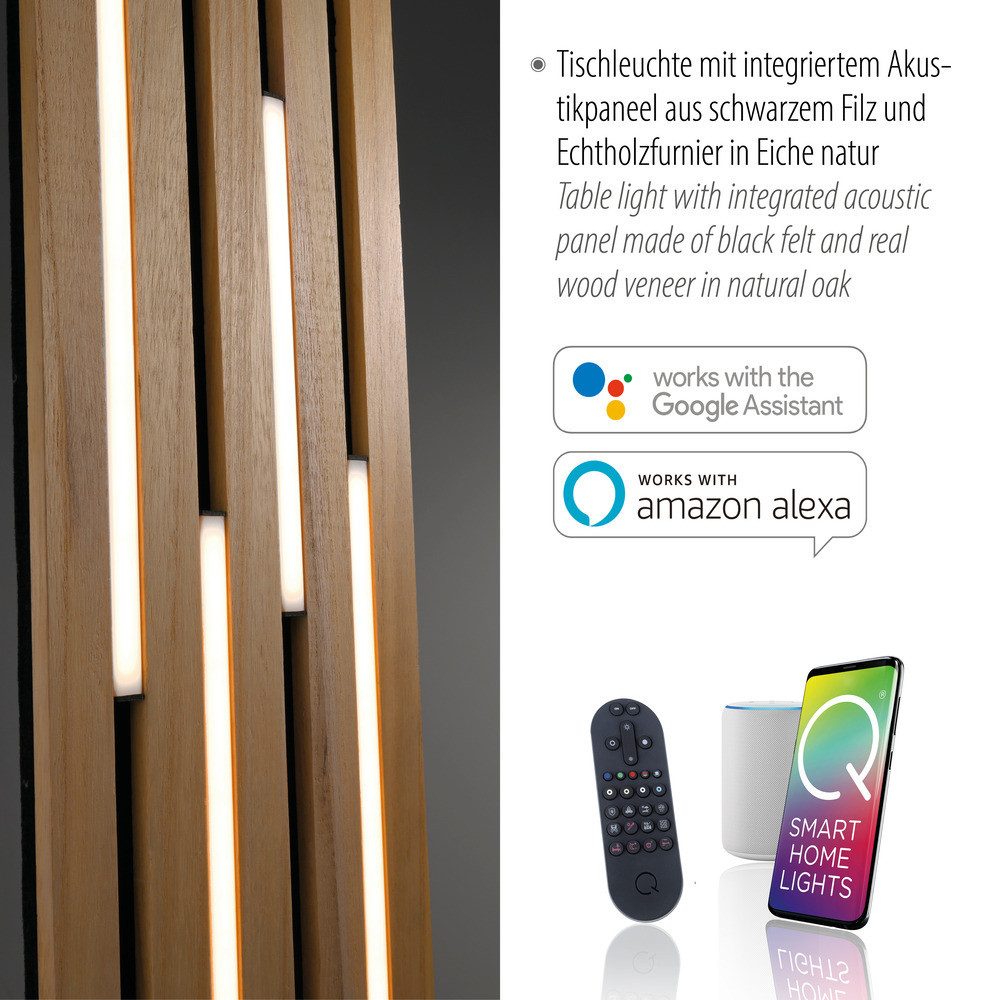 Paul Neuhaus Smarte LED-Leuchte LED Tischleuchte Q-AKUSTIK, Smart Home, Dimmfunktion, Memoryfunktion, CCT, mit Leuchtmittel, warmweiß-kaltweiß, Echtholz Eiche, Fernbedienung, Smarthome, dimmbar
