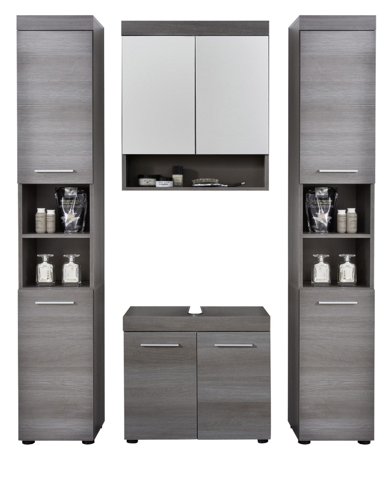 trendteam Badmöbel-Set Runner, (Badezimmer 4-teilig in grau Rauchsilber, 150 x 190 cm), Set mit 2x Hochschrank