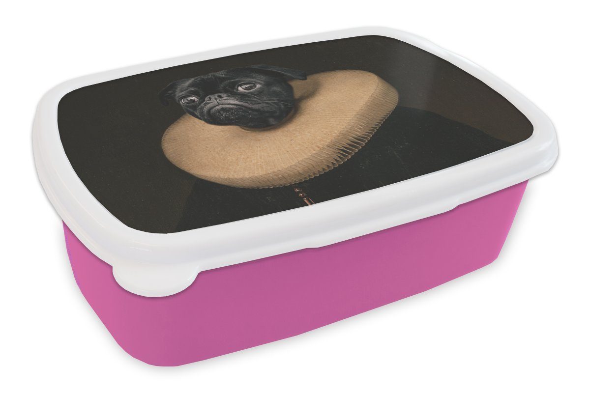 MuchoWow Lunchbox Gemälde - Mops - Alte Meister, Kunststoff, (2-tlg), Brotbox für Erwachsene, Brotdose Kinder, Snackbox, Mädchen, Kunststoff rosa