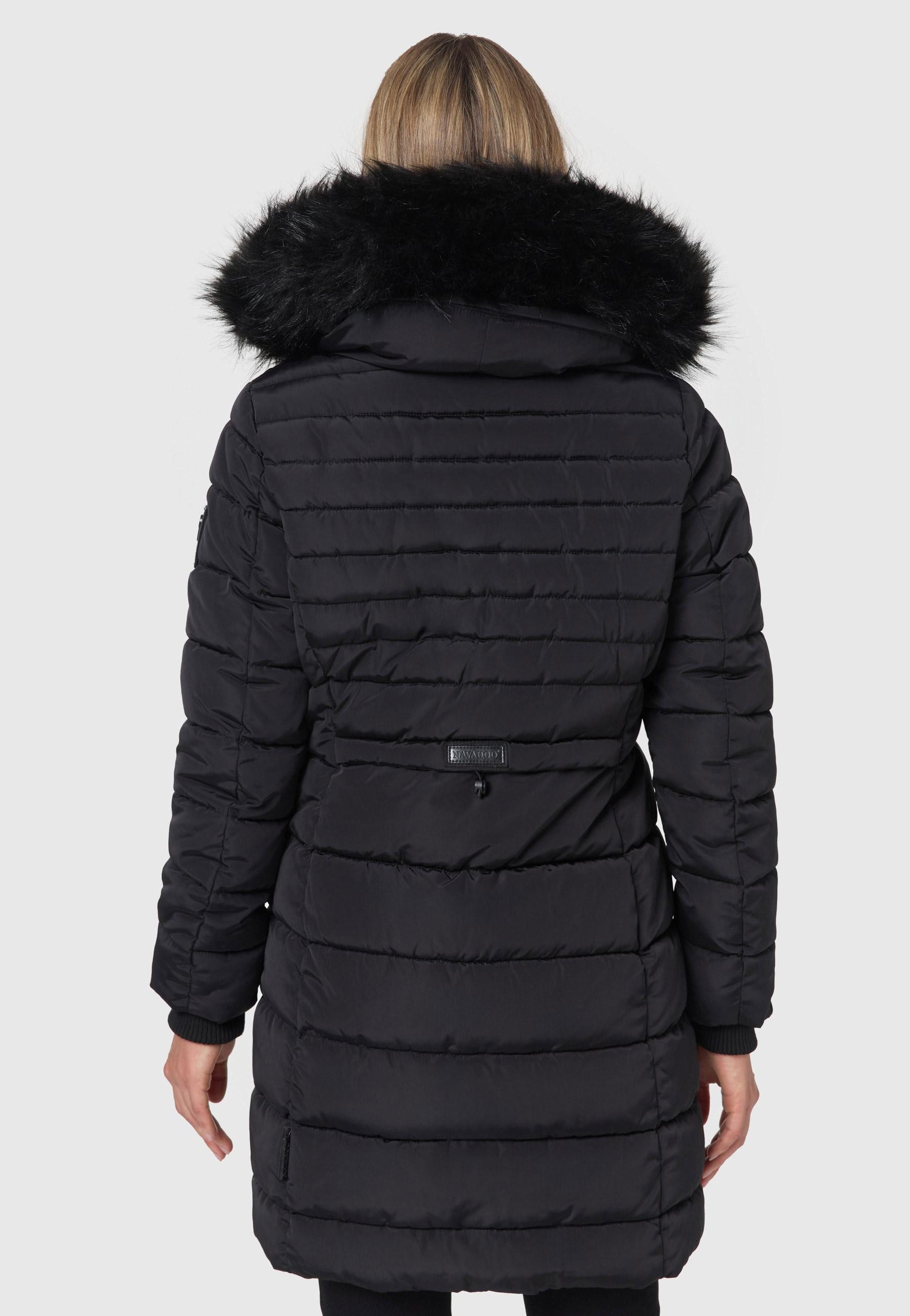 Navahoo Winterjacke Steppjacke lang mit Kapuze – Warm gefüttert Lange Winterjacke mit Teddyfutter und abnehmbarem Kunstfell