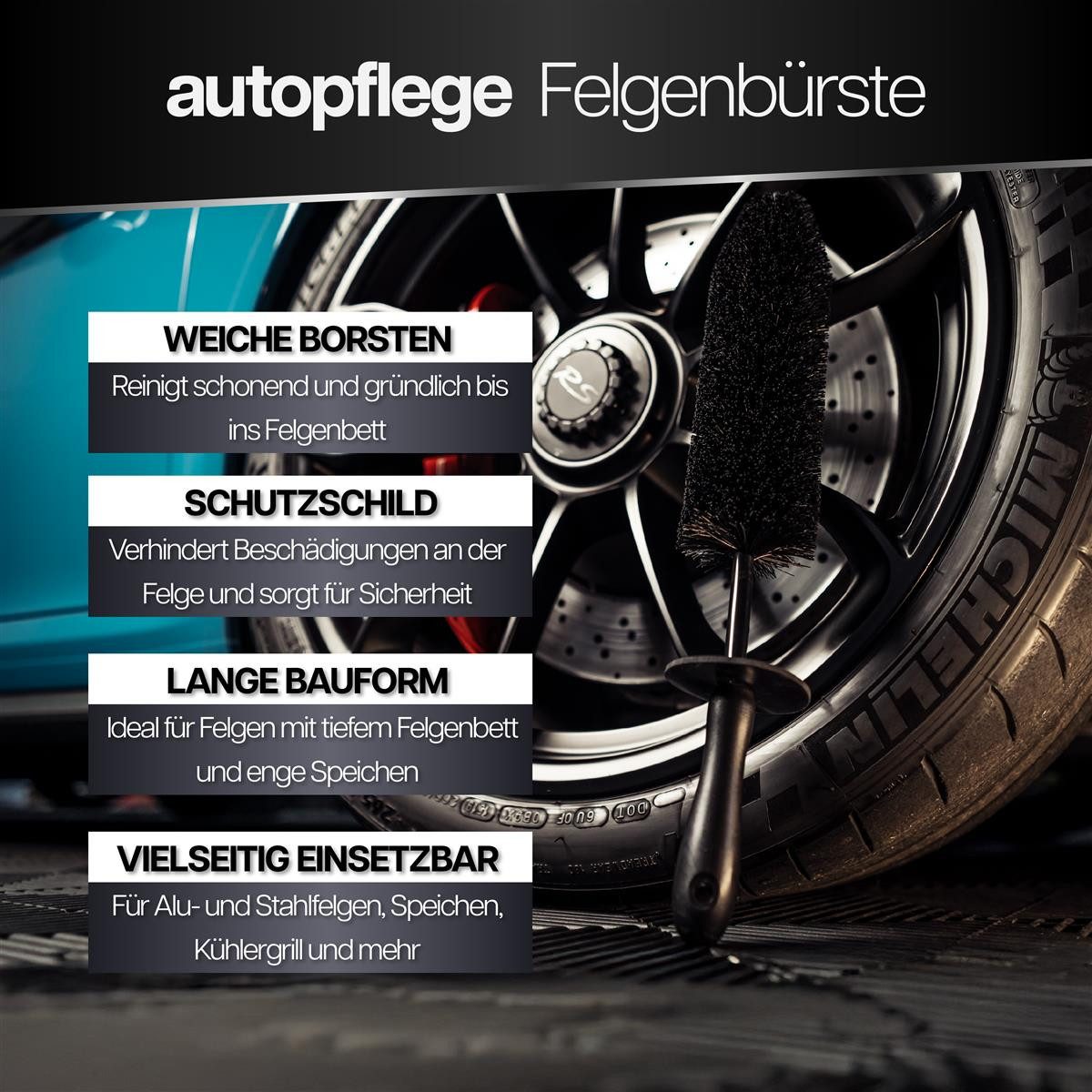 autopflege Felgenbürste Auto Extra Lang Detailing Brush, Bürste, Weich & Flexibel für eine effiziente Felgenreinigung