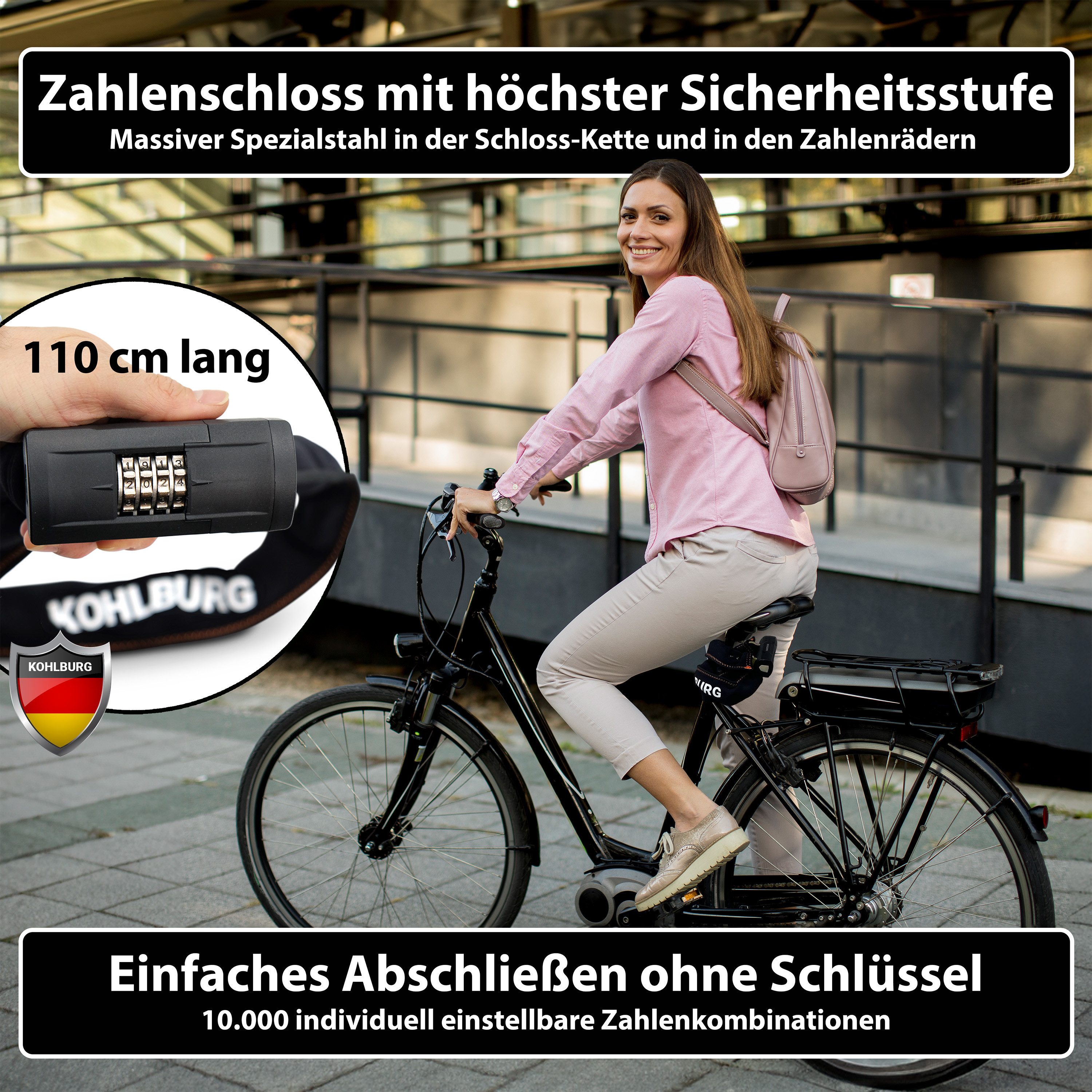 KOHLBURG Zahlenkettenschloss höchste Sicherheit [Sold Secure GOLD Fahrradschloss] Fahrrad & E-Bike, 110 cm lang • 2,3 kg massiv • Zahlenschloss mit höchster Sicherheit
