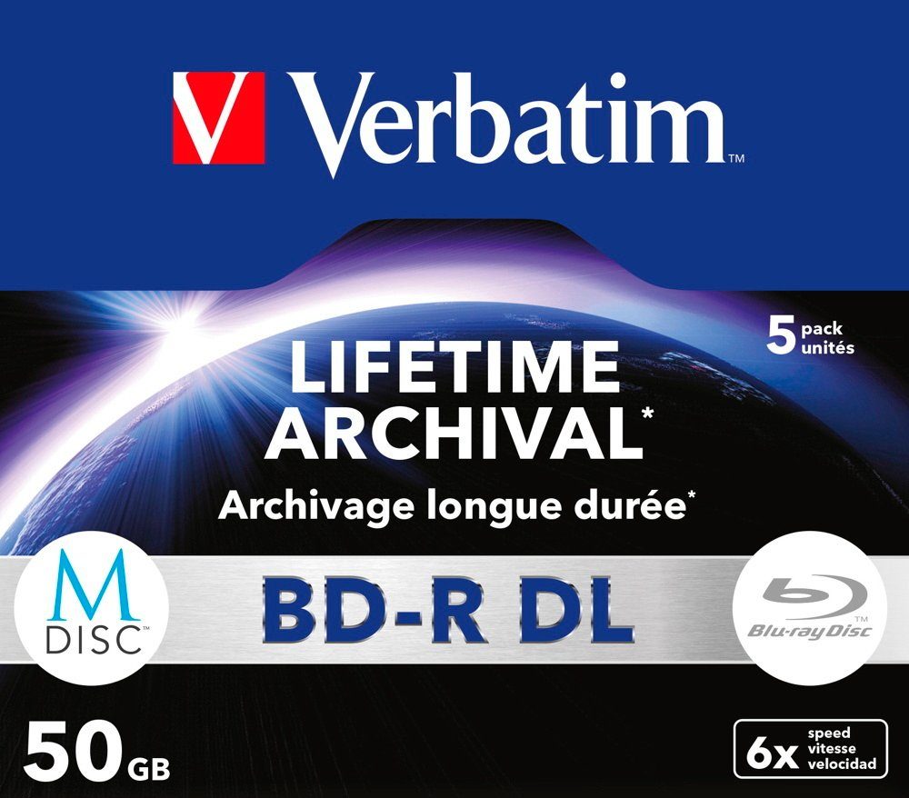 Verbatim Blu-ray-Rohling 5 Verbatim Rohlinge M-Disc Blu-ray BD-R Dual Layer 50GB 6x Jewelcase