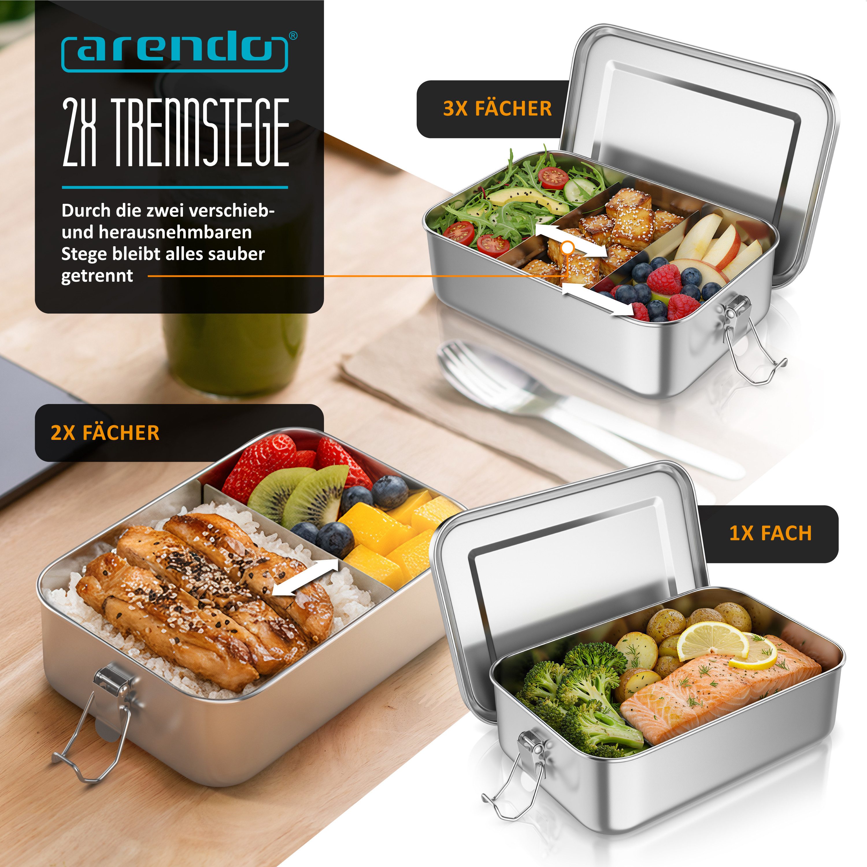 Arendo Lunchbox Edelstahl Brotdose 1400 ml mit Fächern, für Kinder und Erwachsene, Edelstahl, (1-tlg., 2 Trennstege, 2 Silikondichtungen), auslaufsicher, entnehmbare Trennstege, Dichtung, lebensmittelecht