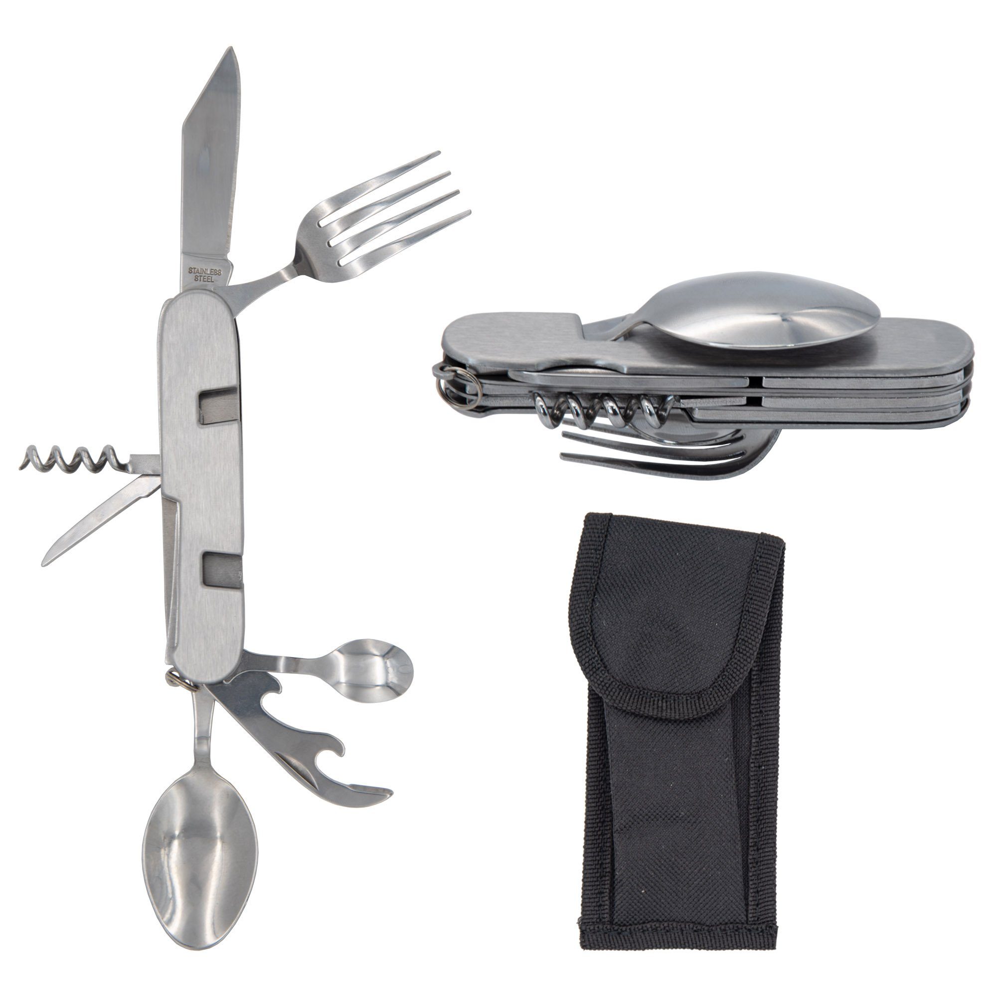 TSB Werk Besteck-Set Campingbesteck Camping Outdoor Essbesteck 7 in 1 (7-tlg), Feldbesteck, Survival, Klappbesteck