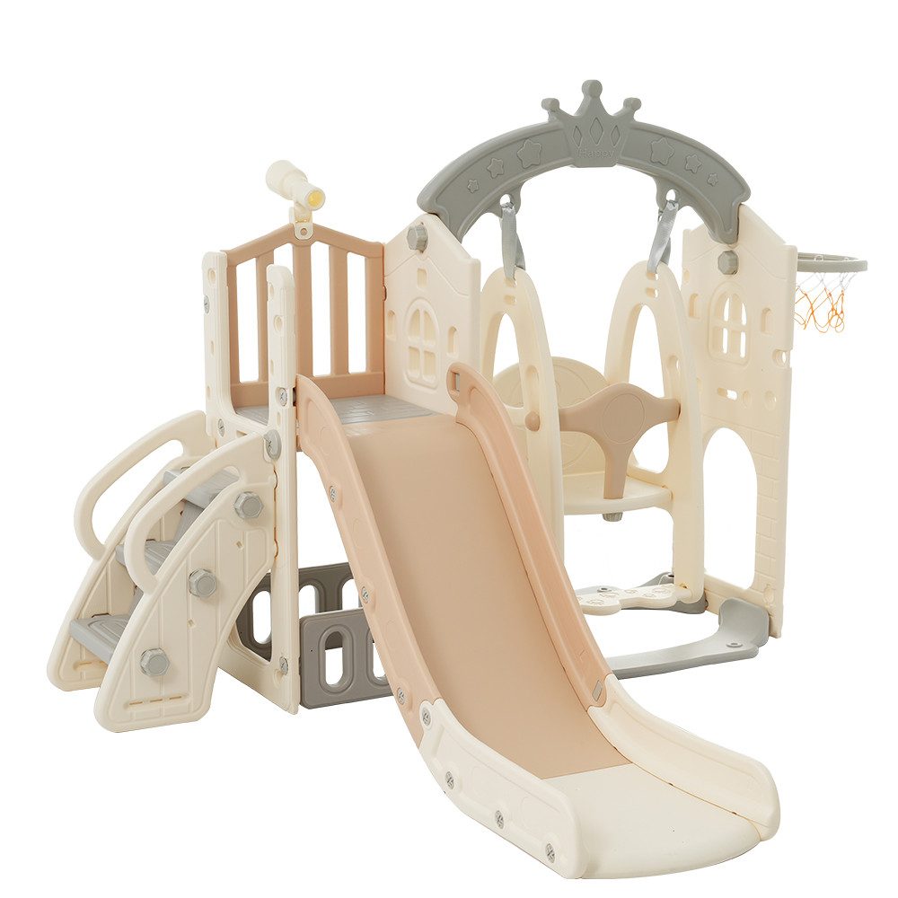 MC Star Indoor-Rutsche 5-in-1 Multifunktionales Kinderspielset mit Schaukel, (Rutsche, Kletterleiter, Basketballkorb, Teleskop und Aufbewahrungsbox – Perfekter Spielplatz für drinnen und draußen)