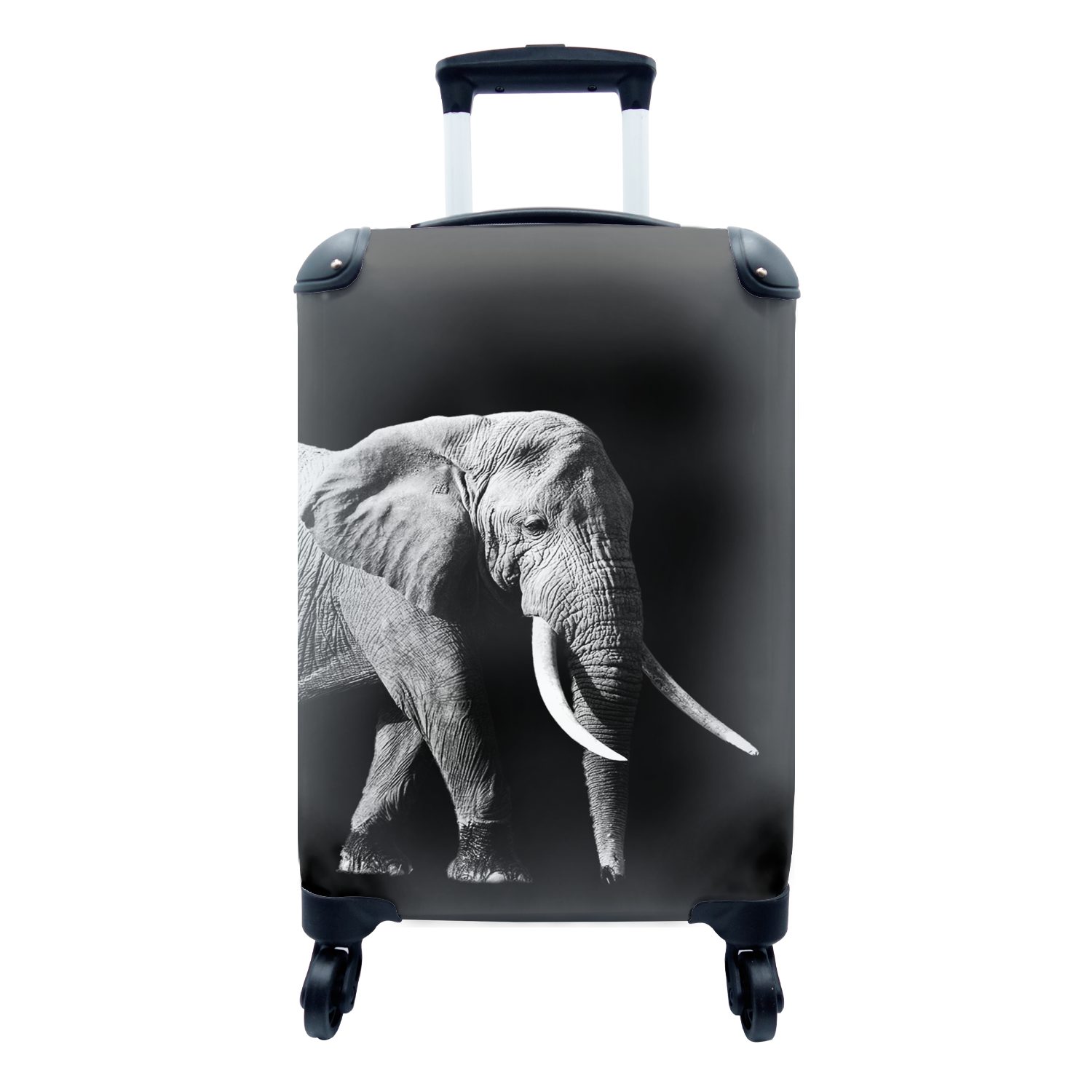 MuchoWow Handgepäckkoffer Elefant mit langen Reißzähnen auf schwarzem Hintergrund - schwarz und, 4 Rollen, Reisetasche mit rollen, Handgepäck für Ferien, Trolley, Reisekoffer