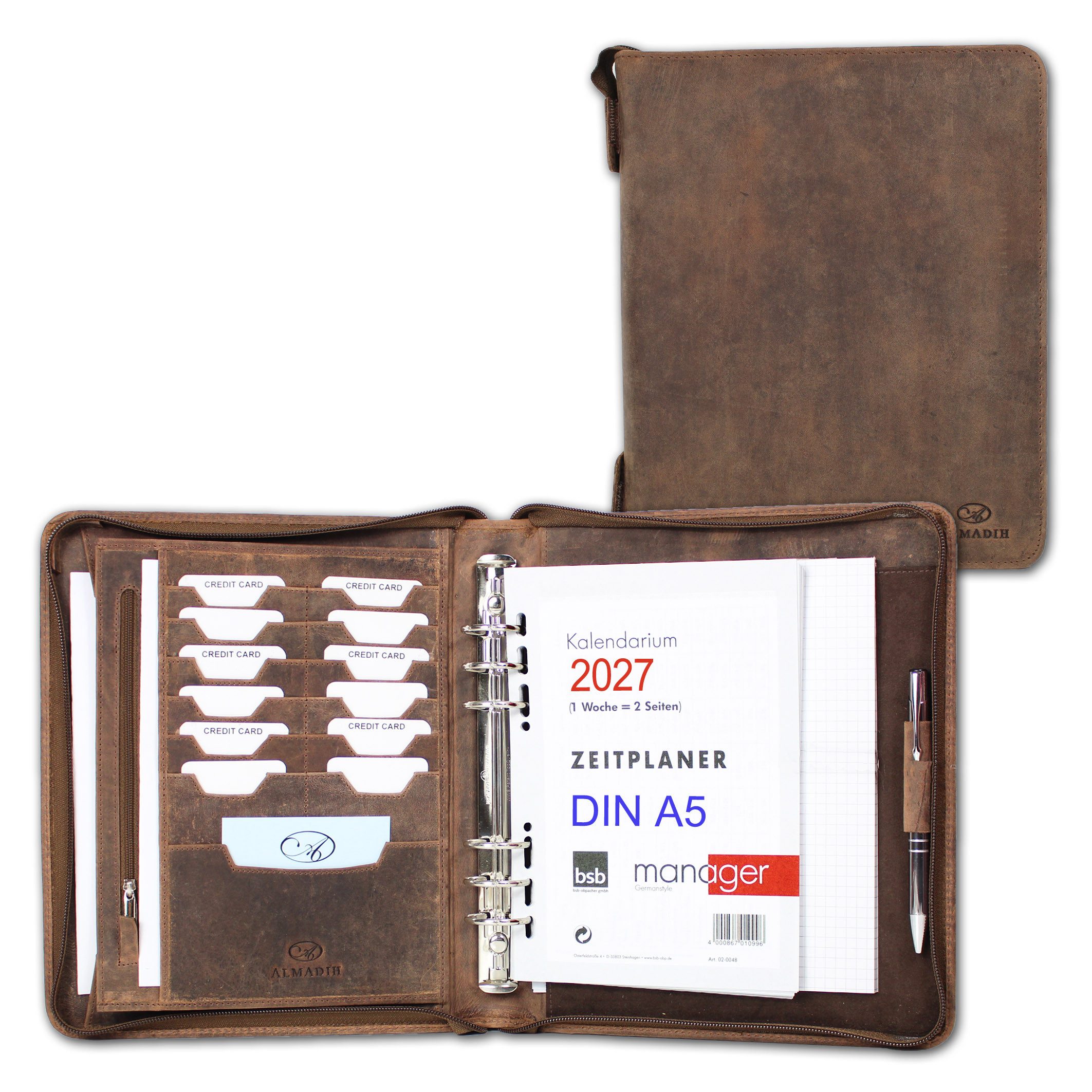 ALMADIH Konferenzmappe 2026 2027 Ledermappe Organizer A5 Leder Terminplaner braun, schwarz