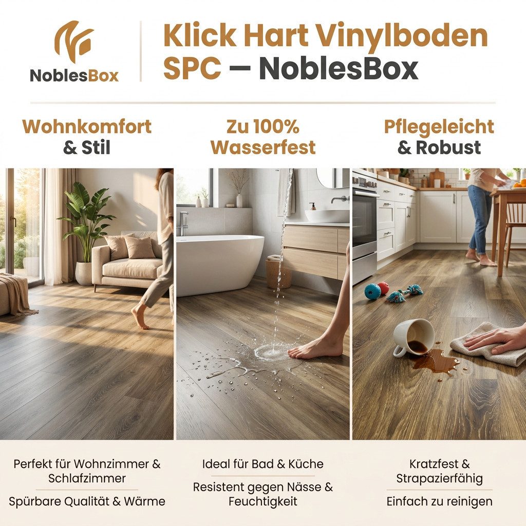 NoblesBox Designboden Klick Vinylboden SPC - Hartvinyl - 4+1mm Wasserfest - 1 mm Isolierung, Für Fußbodenheizung, Hochabriebfest & Klicksystem – Bild 4 von 5