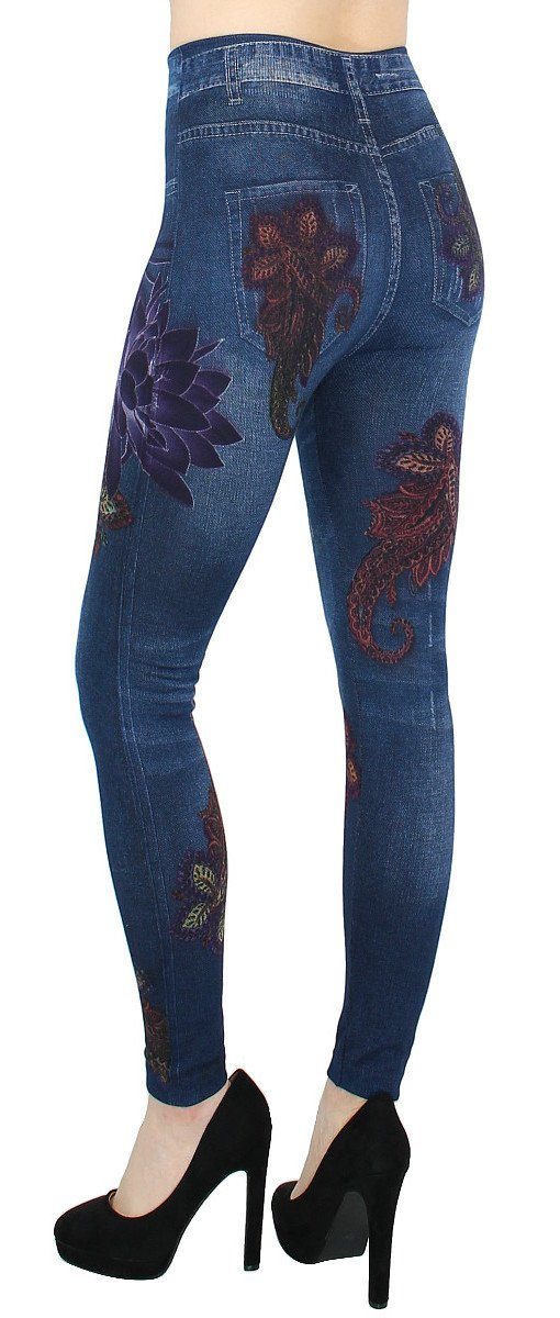 Optik dy_mode Jeggings Damen JL084-FantasyFlowers in Leggings elastischem Bund High mit Jeans Waist Jeansleggings Jeggings Bequem