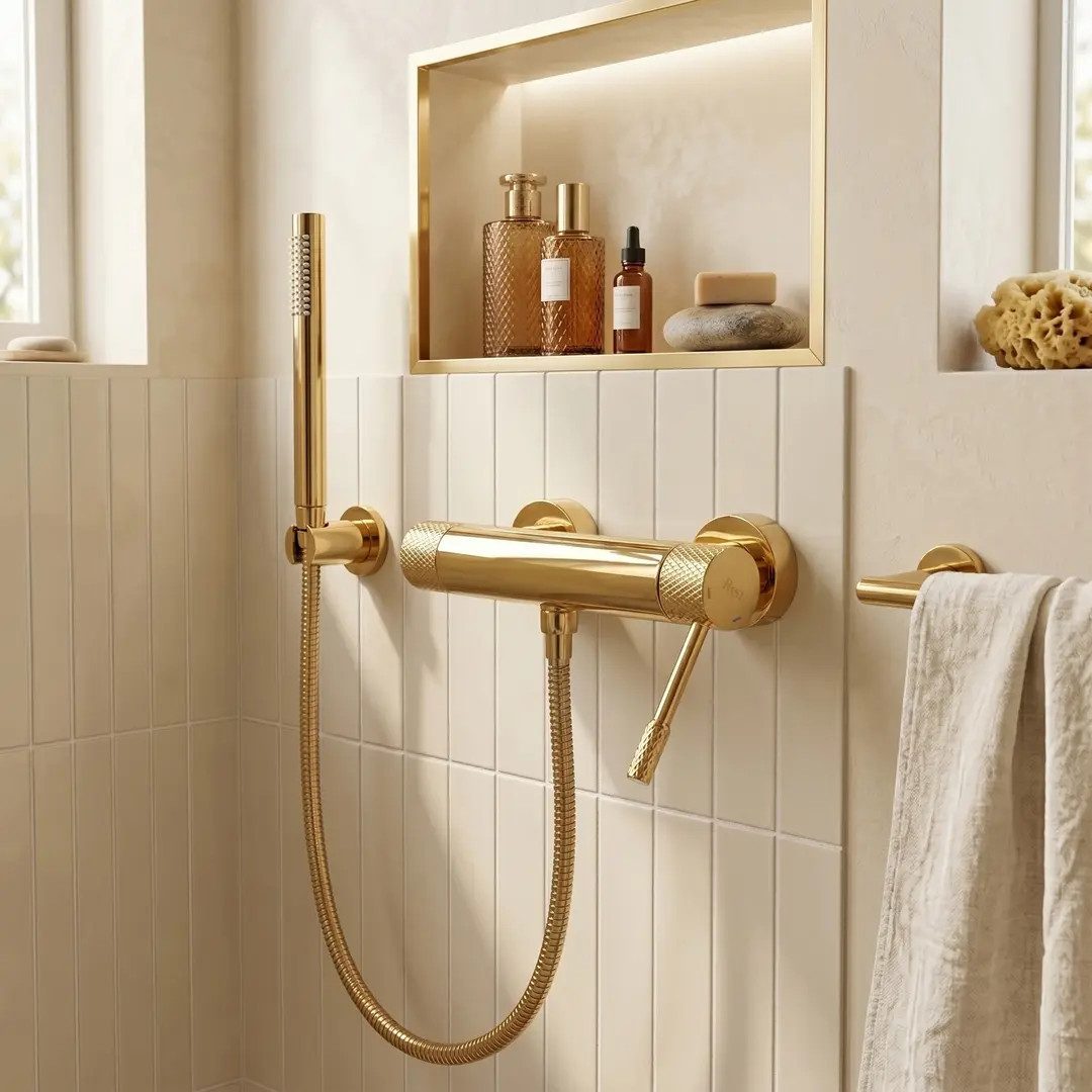 wohnwerk.idee Duscharmatur Dusche mit Handbrause Wandarmatur Dusch-Set, Gold Chrom Kupfer Matt Mischbatterie Badewanne, Messing, Keramikkartusche