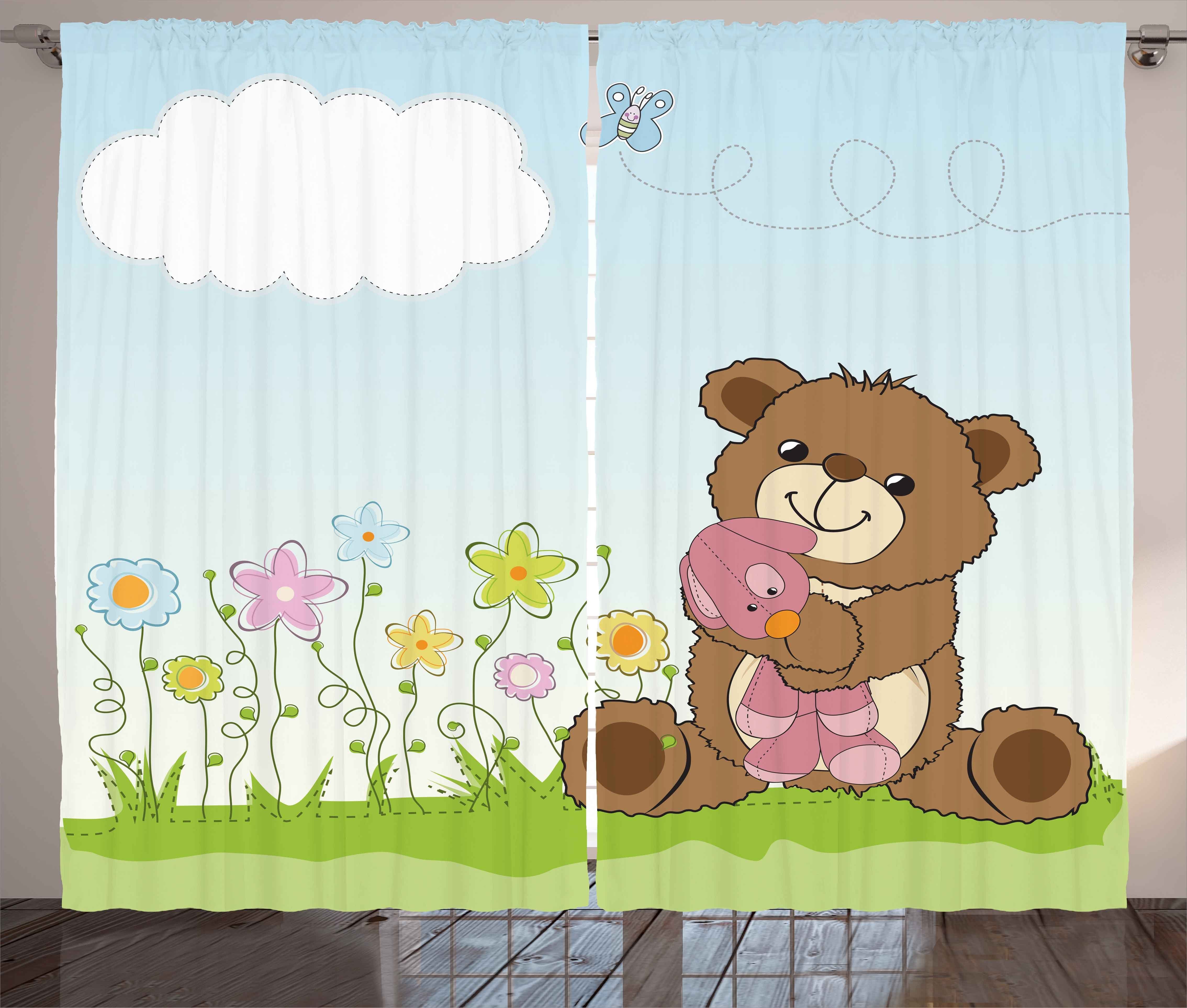 Gardine Schlafzimmer Kräuselband Vorhang mit Schlaufen und Haken, Abakuhaus, Blume Cartoon Teddybär und Spielzeug
