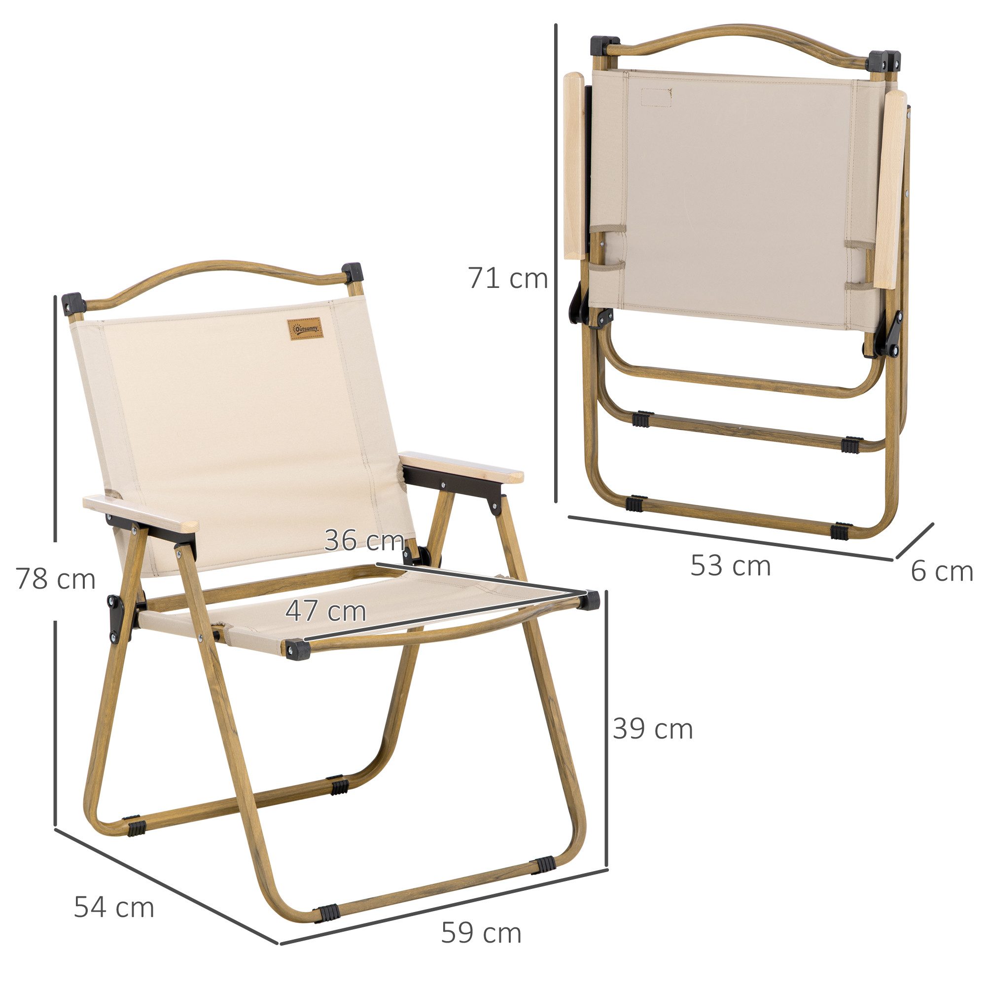 Outsunny Campingstuhl faltbarer Gartenstuhl mit Stahlrahmen (Holzoptik, Klappsessel für Pool, Strand, 2 St), Oxfordstoff, Khaki