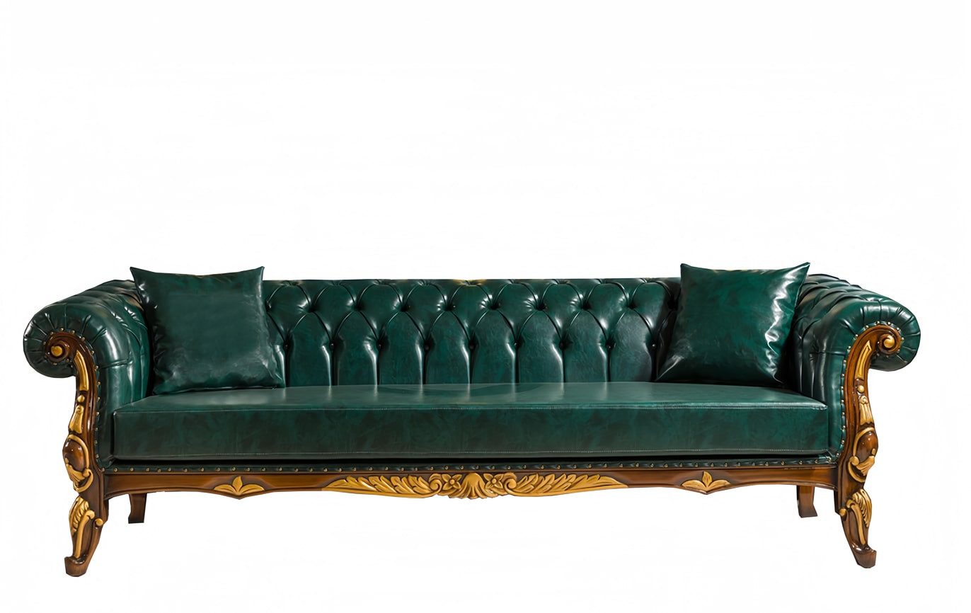 JVmoebel Büromöbel-Set Art Déco Sofa und Sessel in Grün aus Leder mit Couchtisch, (6-tlg., Sofa 3 Sitzer, 2x Sessel, Couchtisch, 2x Beistelltisch), Made in Europe