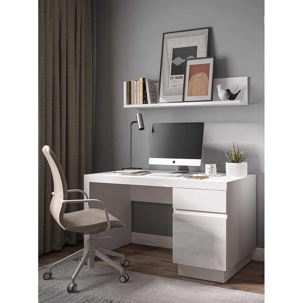 Lomadox Büromöbel-Set LYNDHURST-129, (Spar-Set, 2-tlg., Computertisch Wandregal), Arbeitstisch Bürotisch in weiß Hochglanz, B/H/T ca. 135/160/65 cm