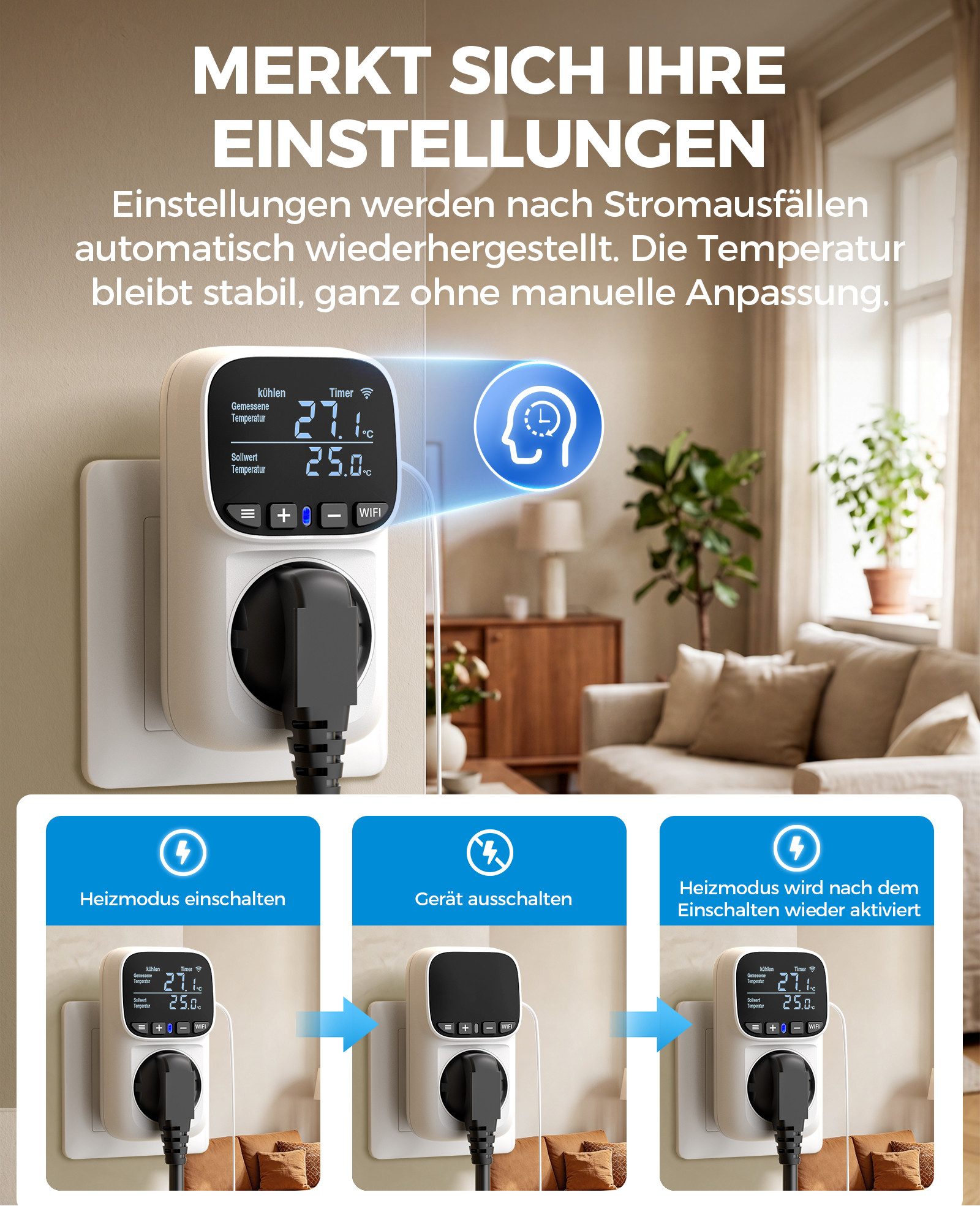 DEWENWILS Steckdosen-Thermostat Temperaturregler, Deutsches Display, WiFi Temperaturschalter mit Fühler, App Steuerung, LCD-Display – Bild 4 von 5