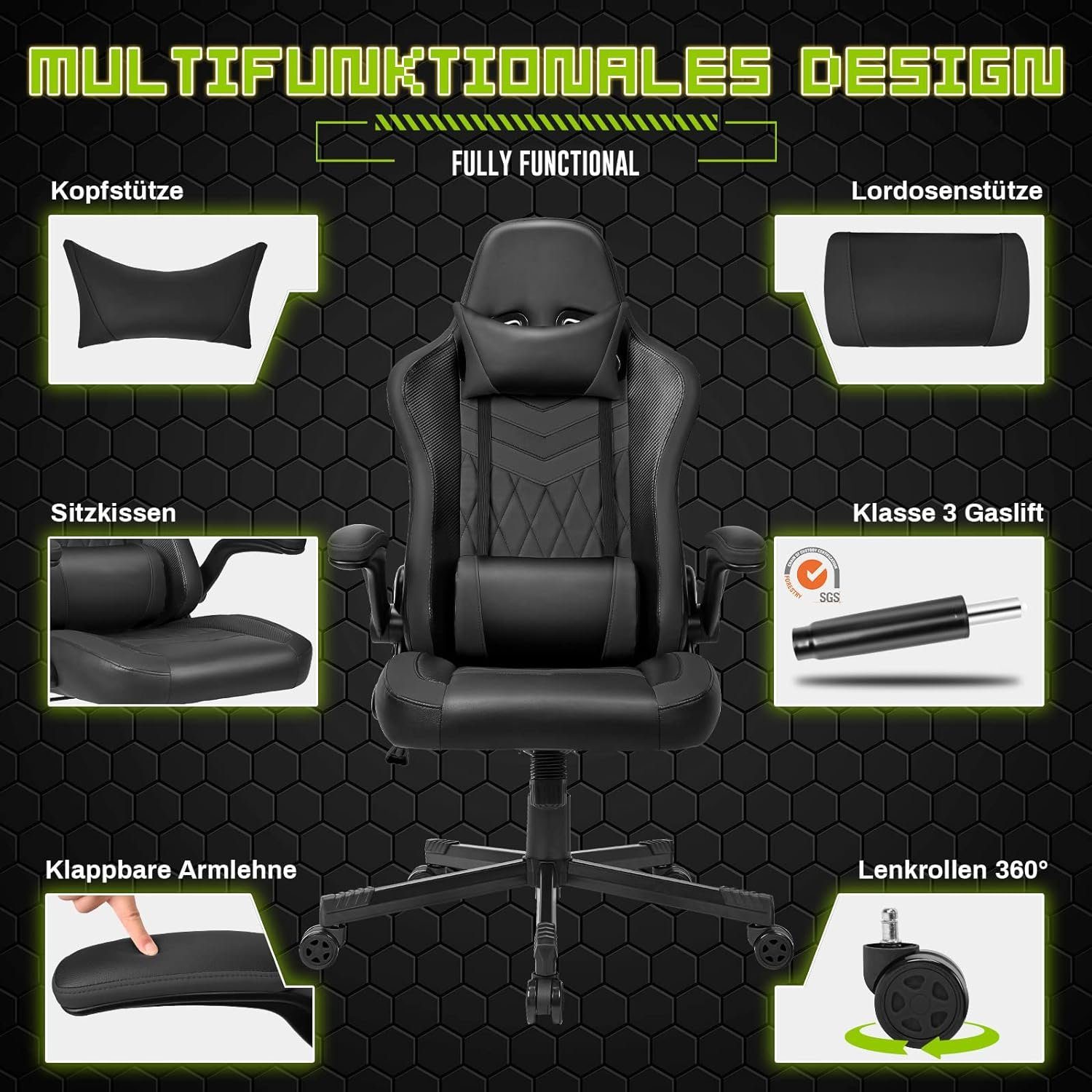 ergonomisch Gaming BASETBL Rollen), (PC mit Stuhl Chair Gaming klappbaren breite Atmungsaktiv,bis und sitzfläche, mit Rückenlehne mit Schreibtisch,Chefsessel, armlehnen 150KG hoher hochklappbarer Bürostuhl