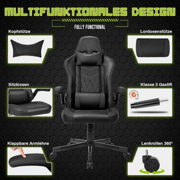 BASETBL Gaming Chair (PC Gaming Stuhl mit breite sitzfläche, Schreibtisch,Chefsessel, mit hoher Rückenlehne und hochklappbarer Rollen), Bürostuhl mit ergonomisch klappbaren armlehnen Atmungsaktiv,bis 150KG