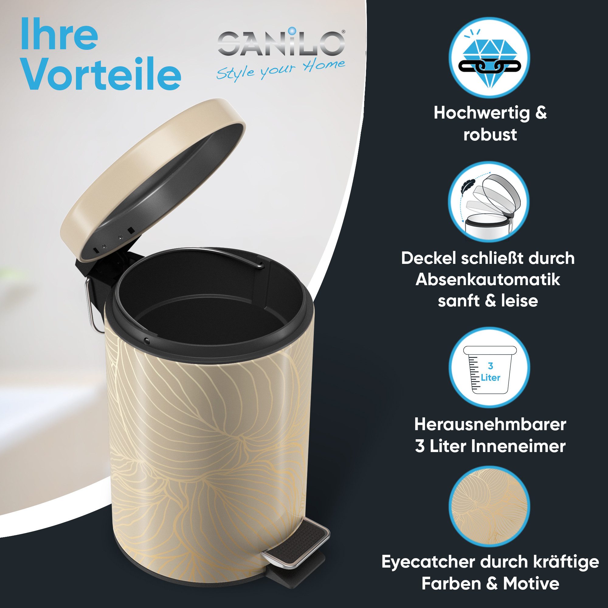 Sanilo Kosmetikeimer mit Motiv, viele schöne Bad Mülleimer zur Auswahl, 3 Liter, Abfalleimer mit Absenkautomatik & Innenbehälter