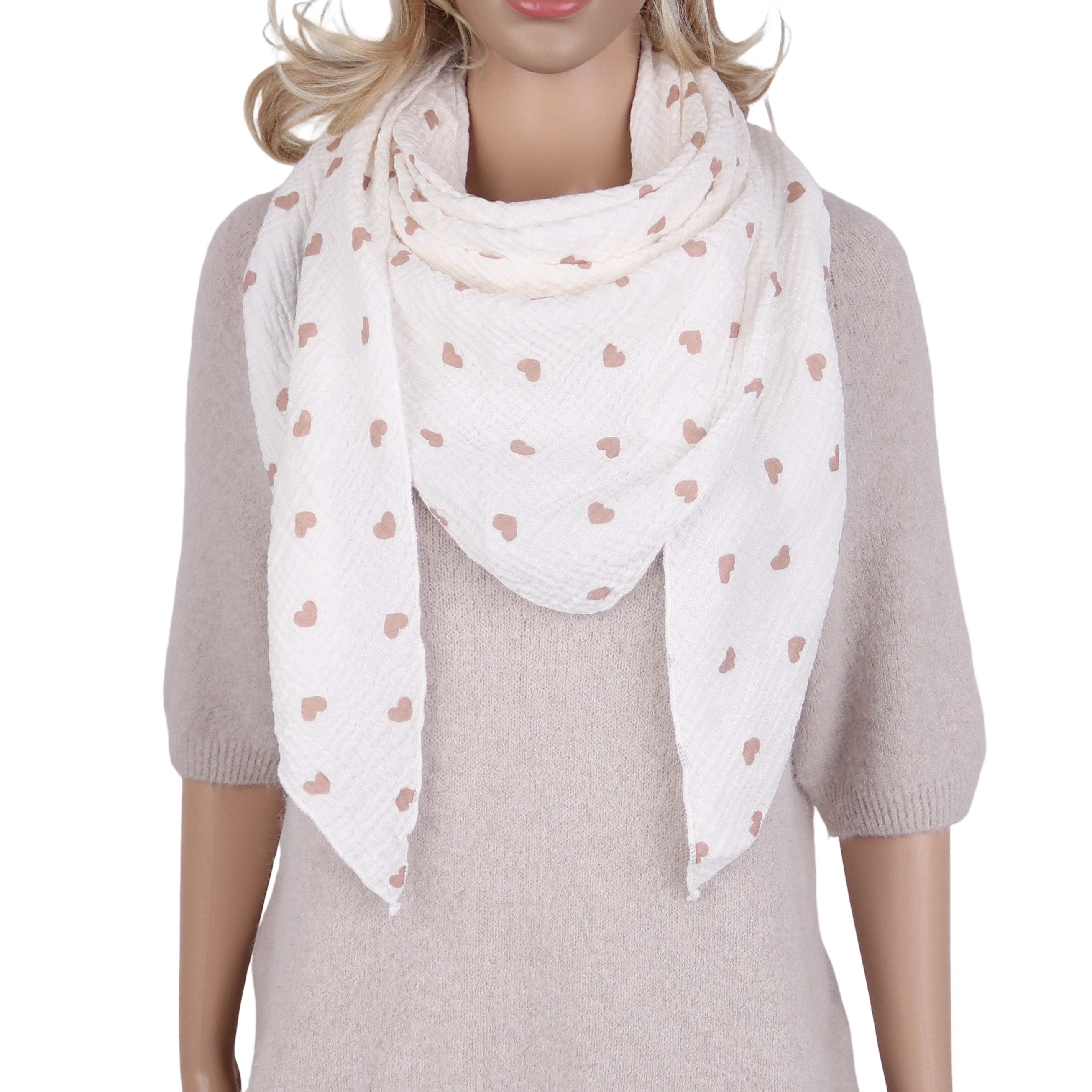 MIRROSI Dreieckstuch Aus Musellin Dreiecksschal ca.195x80 cm, Herz Print Made in Italy, (Leicht, Ideal für das ganze Jahr, 100% Baumwolle), in tollen Farben (Herzprint)