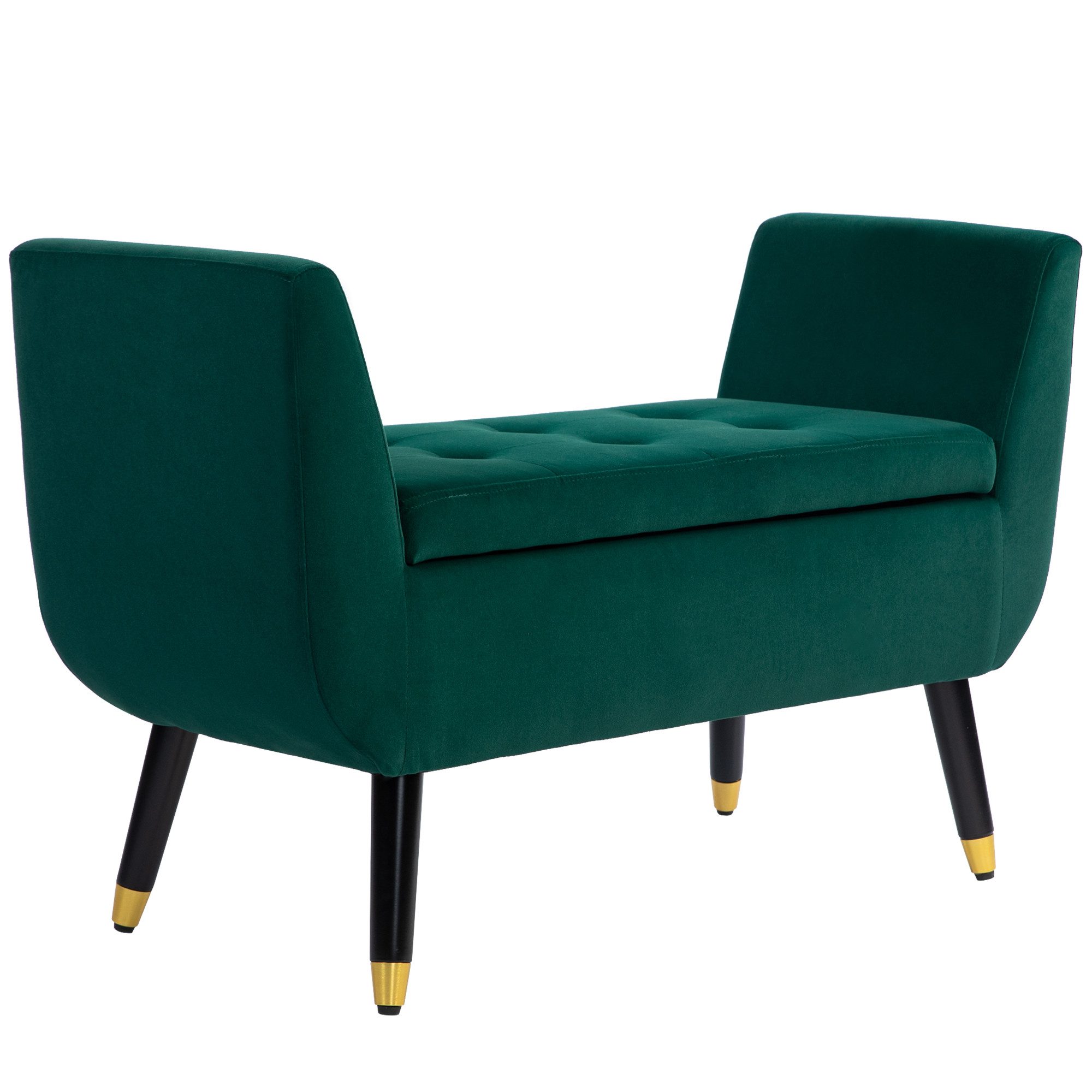 HOMCOM Sitzbank mit Stauraum Armlehnen, Samtartiges Polyester (Truhenbank, 1-St., Polsterbank), Gummiholz Grün 107 x 42 x 65 cm