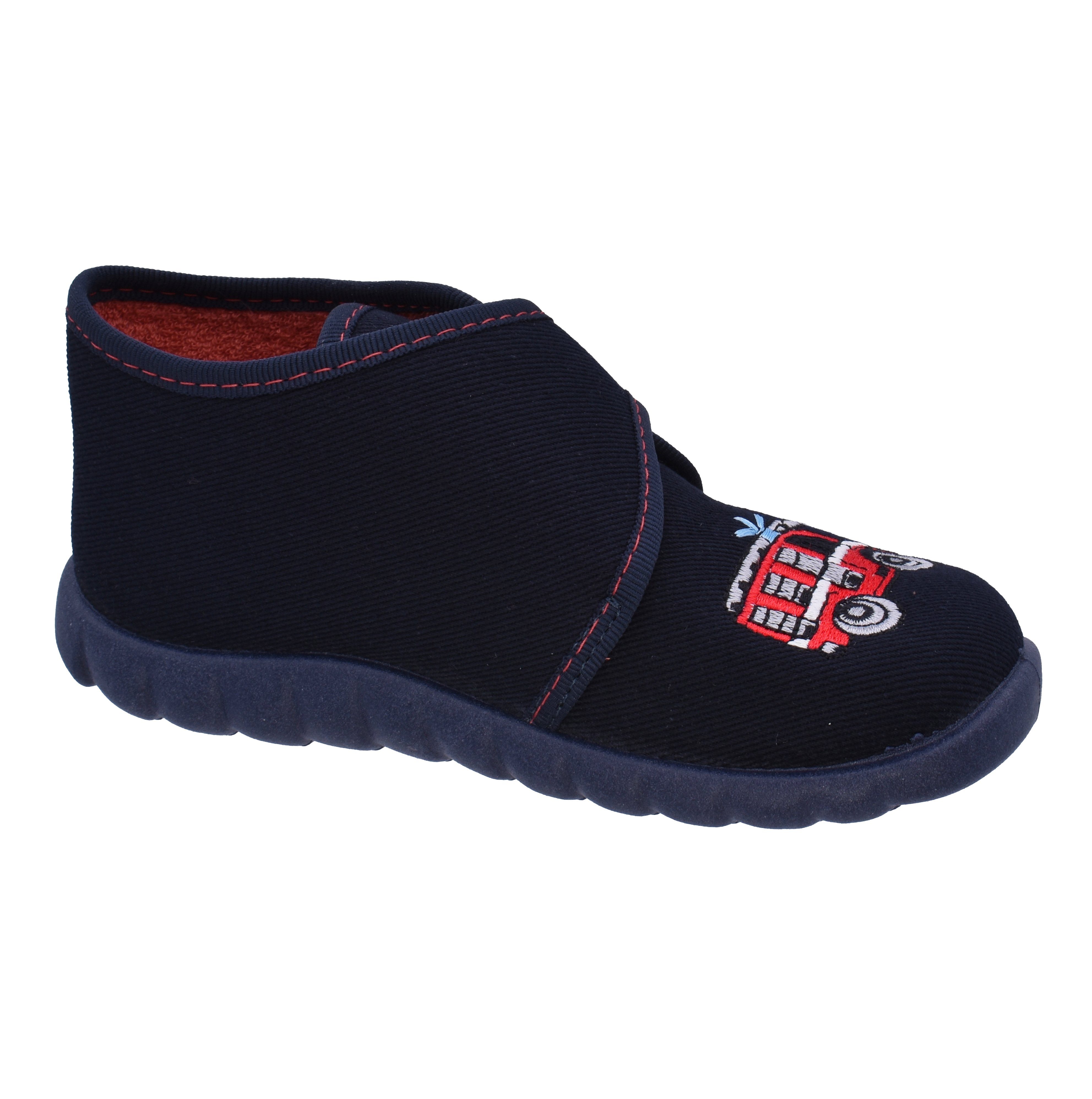 Fischer-Markenschuh Flexi Hausschuh mit Feuerwehrauto, aus Baumwollstoff mit Frotteefutter