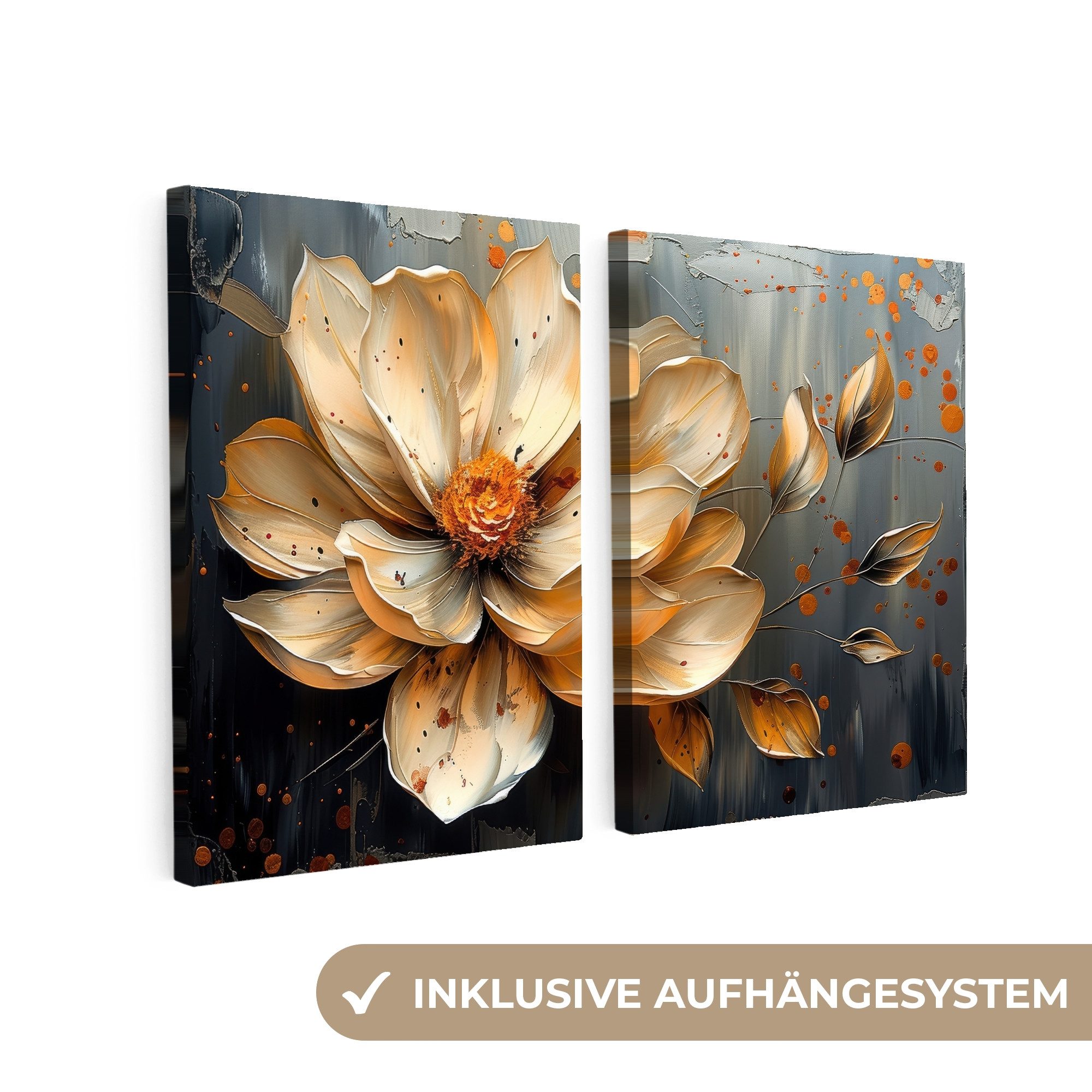 MuchoWow Leinwandbild Blume - Gold - Abstrakt - Farbe, Fotodruck (2 St), Wand Bilder 2 Set, Deko Schlafzimmer Wohnzimmer Flur 60x40 cm