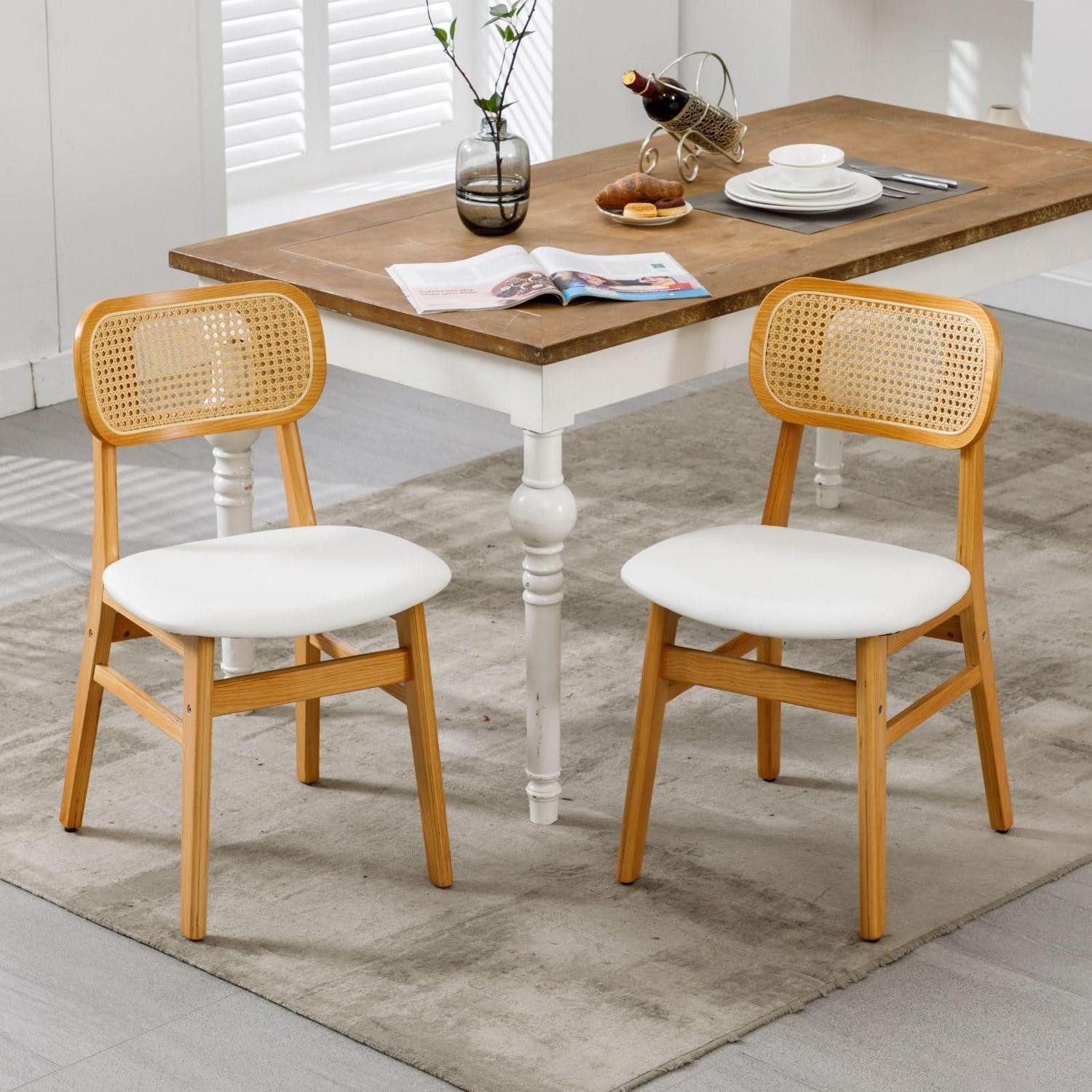 LuxusKollektion Esszimmerstuhl Esszimmerstühle PU Leder 2er Set Rattan Holzbeine 1 Weiß