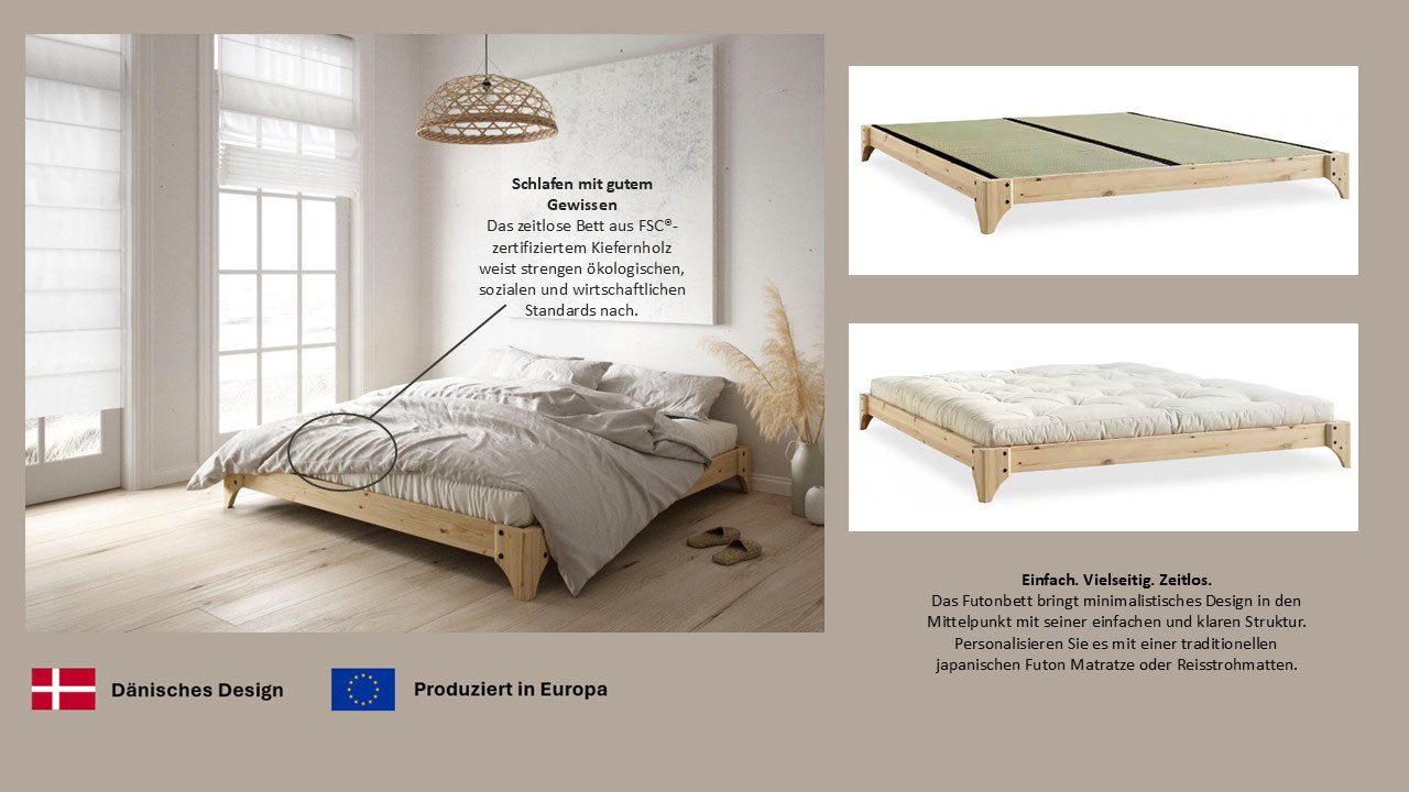 Karup Design Futonbett Elan Bettgestell, massiv Kiefernholz, minimalistisches Scandi Design, Inklusive Lattenrost, in verschiedenen Breiten erhältlich