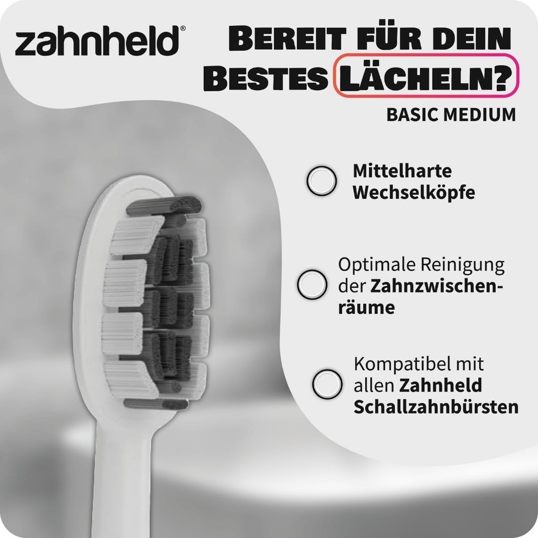 Zahnheld Aufsteckbürsten Ersatzbürsten Basic Medium - ideal für Schallzahnbürste Gero, im 3er, 6er oder 9er Set, Zahnpflege Set, mittelharte Wechselköpfe, plastikfrei verpackt, 3 Stück, weiß