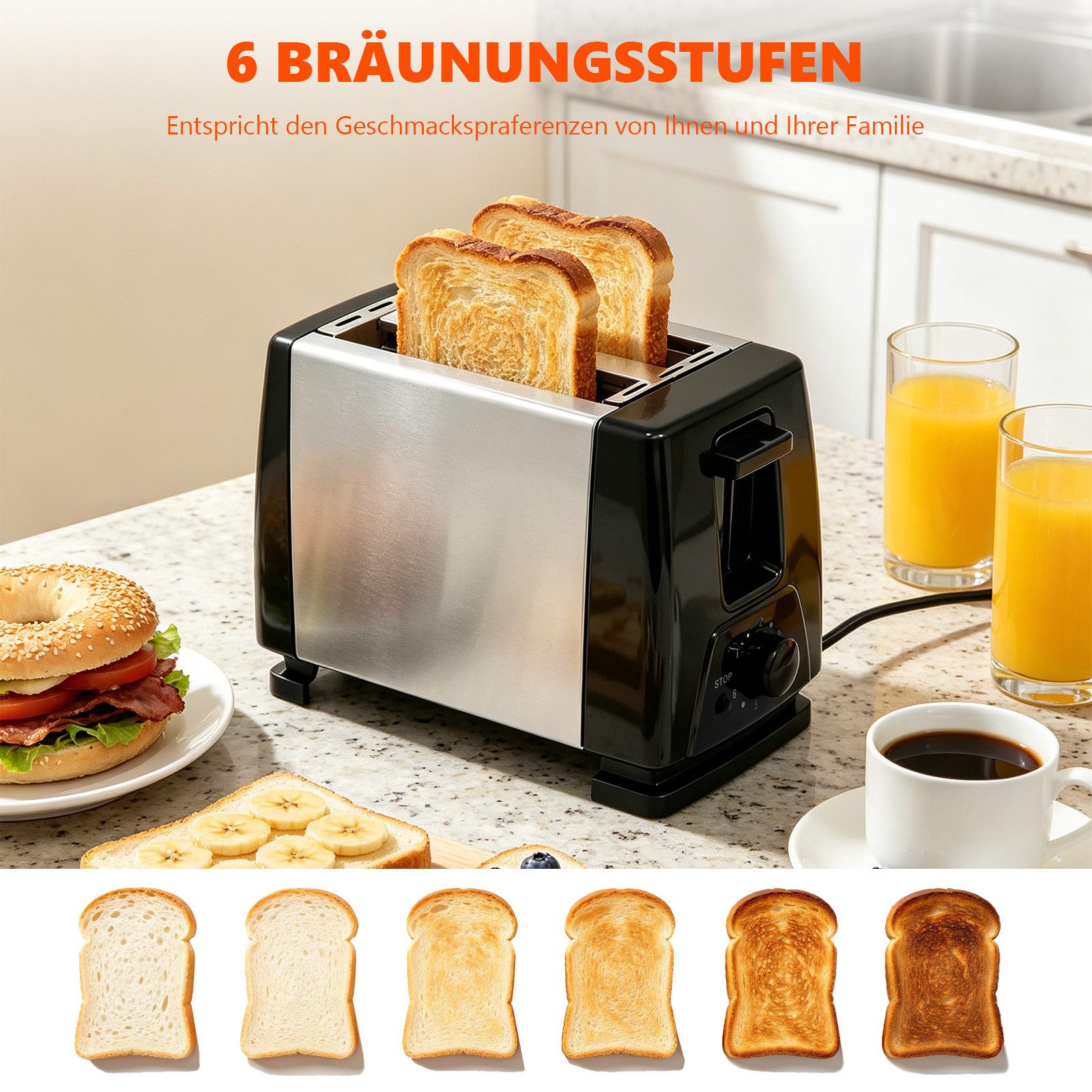 OZAVO Toaster 2-Scheiben-Toaster mit 6 Stufen und Stoppfunktion, 2 kurze Schlitze, für 2 Scheiben, 650 W, Brot-Schlitz: 13 cm × 3 cm,Mit Krümelschublade