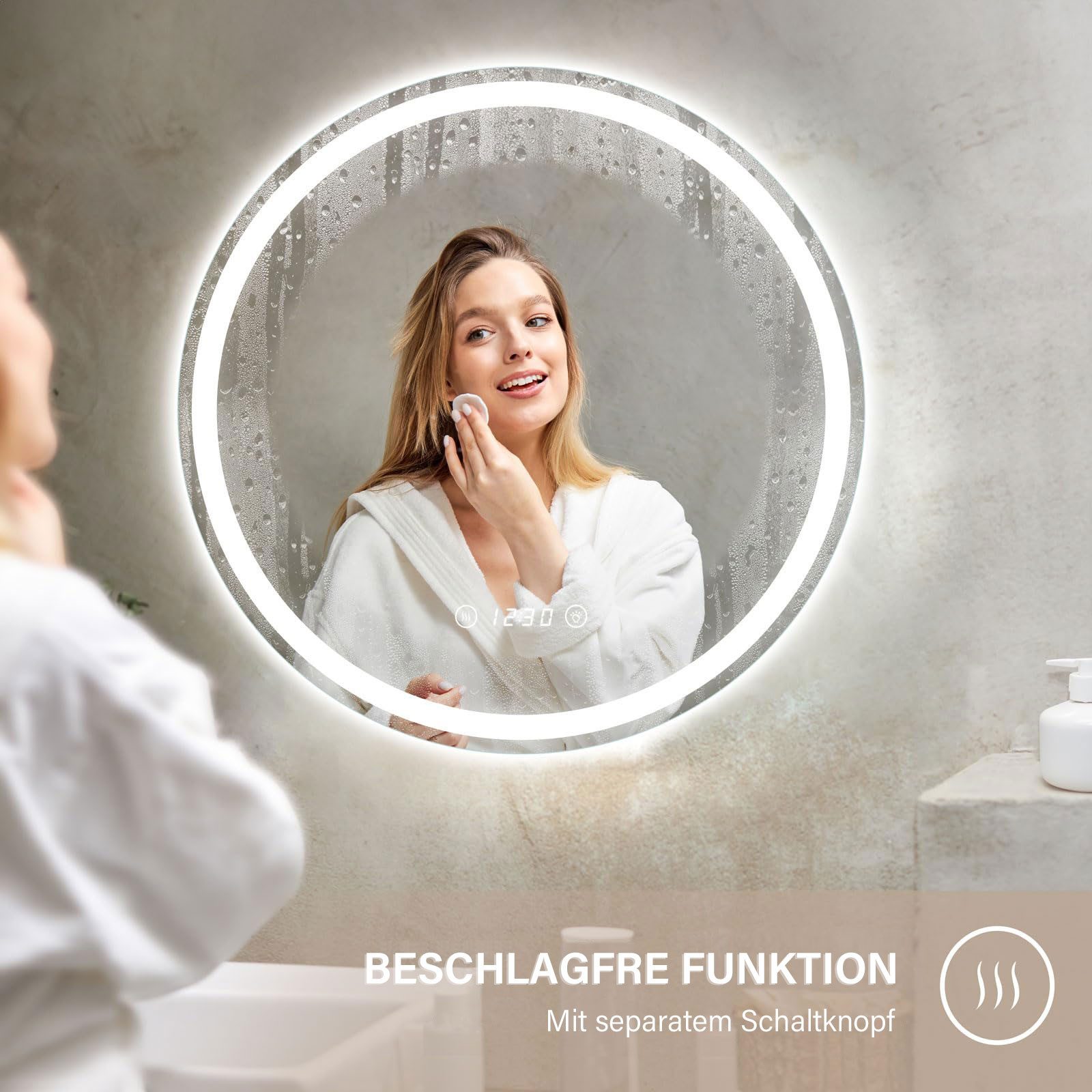 Dripex Badspiegel Rund Badezimmerspiegel LED mit UHR / Bluetooth-Lautsprecher, Dimmbar, 3 Lichtfarbe Einstellbar, Beschlagfrei – Bild 4 von 5
