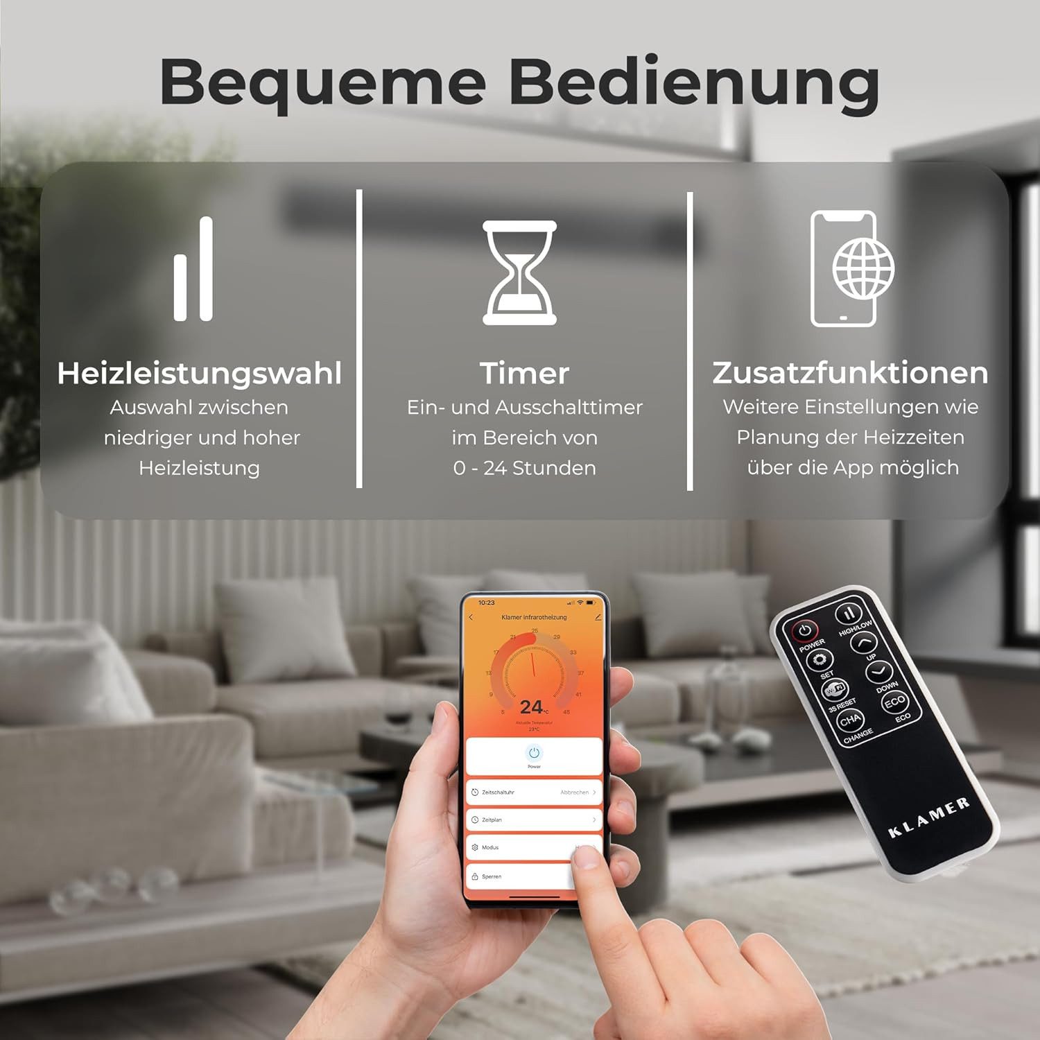 KLAMER Infrarotheizung Infrarotheizung 2600 W – WLAN Heizstrahler mit App, Smart-Steuerung, Fenster-offen-Erkennung, Überhitzungs- und Kippschutz