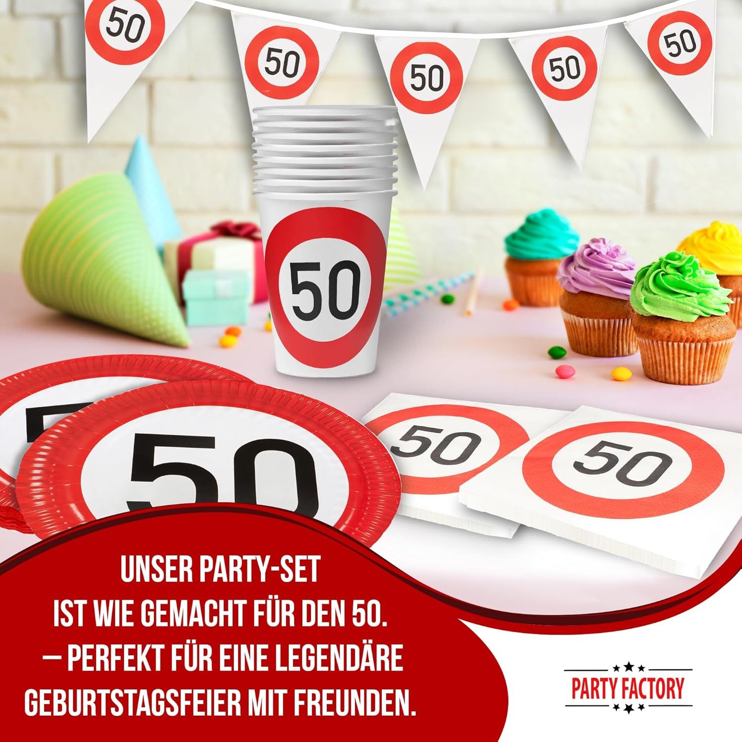 Party Factory Geschirr-Set Happy Birthday 50 – 4-tlg Set mit Geschirr, Servietten und Wimpelkette, 8 Personen, im Verkehrsschilder Design