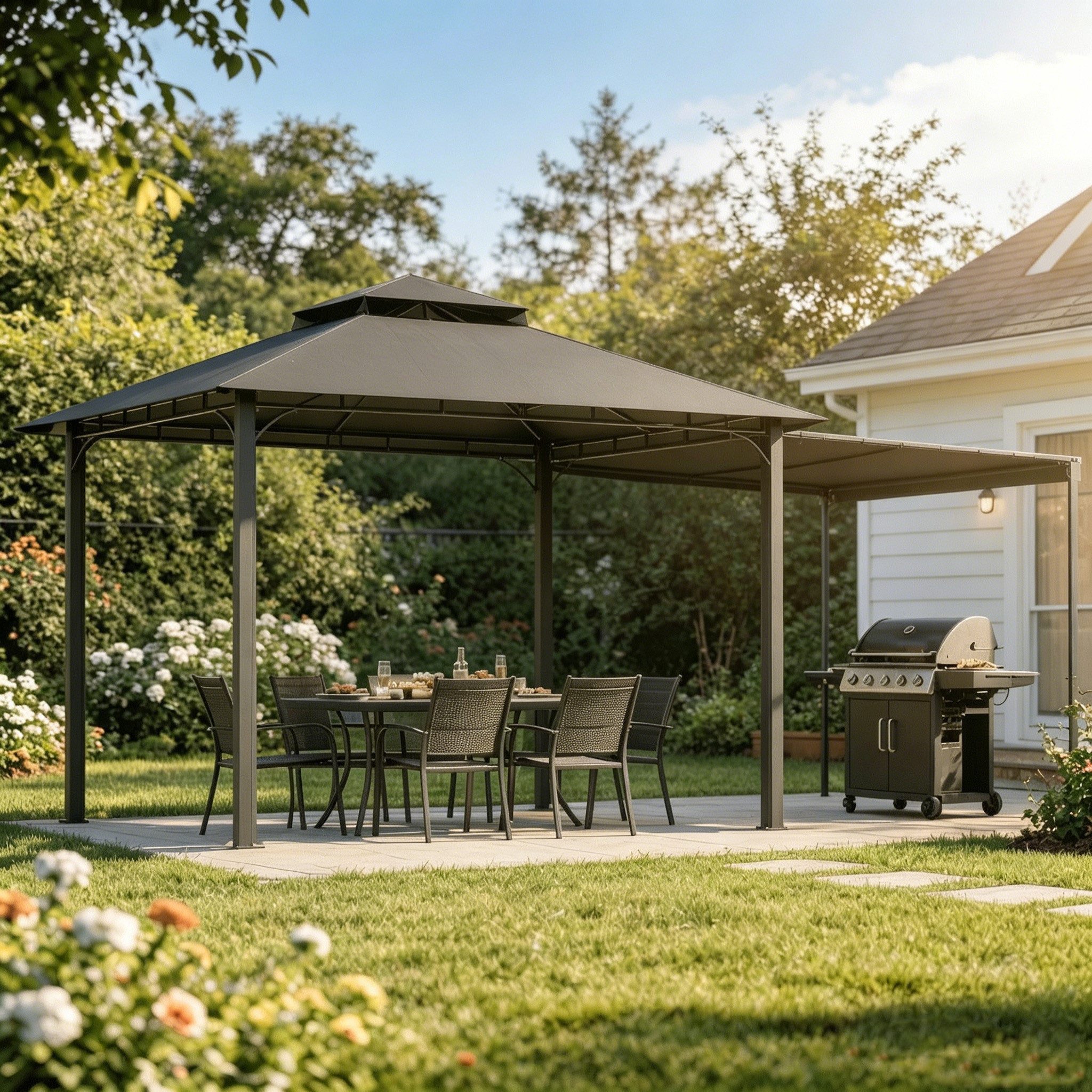 HOMALL Pavillon Extend Grillpavillon, mit 1.8m ausklappbarer Seitenveranda, mit 4 Seitenteilen, (Ausziehbarer Seitenmarkise flexibel verstellbare Schattenflächen), Verstellbarer Pavillon 3–4,7 m, mit Moskitonetz für 6-10 Personen