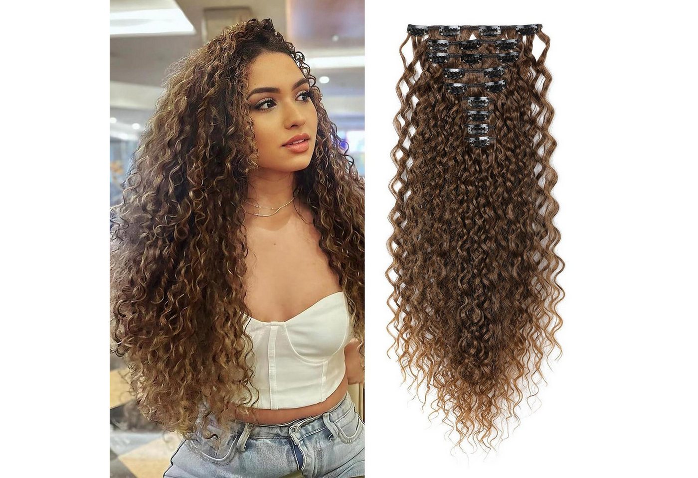 LuxusKollektion Kunsthaar-Extension Haarverlängerungen Clipin Locken 56 CM Dunkelbraun bis Karamellbraun