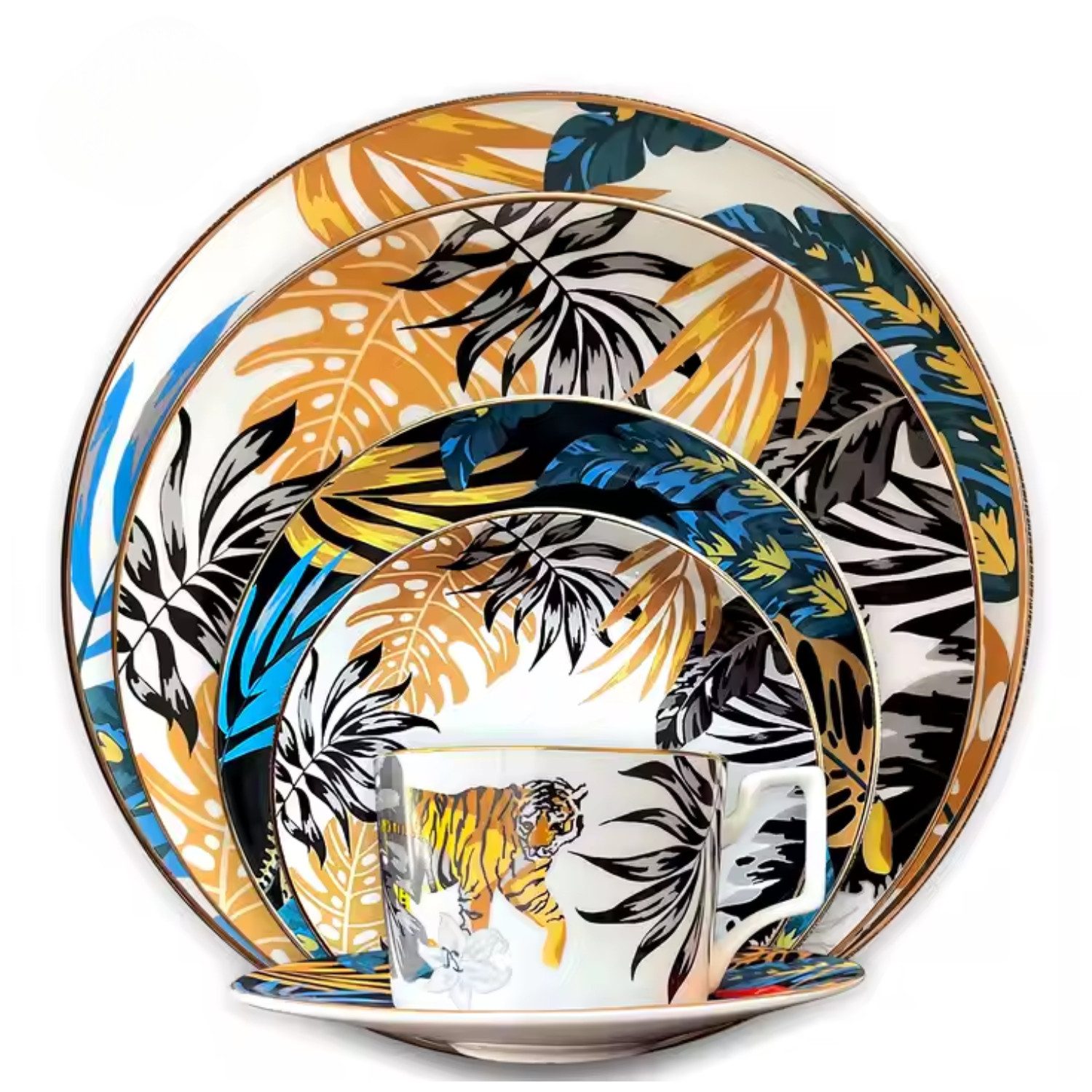 Quality Elegance Speiseteller Luxus Geschirrset - Tiger im tropischen Regenwald & Pfau Design, (6 St), 45 % Knochenasche