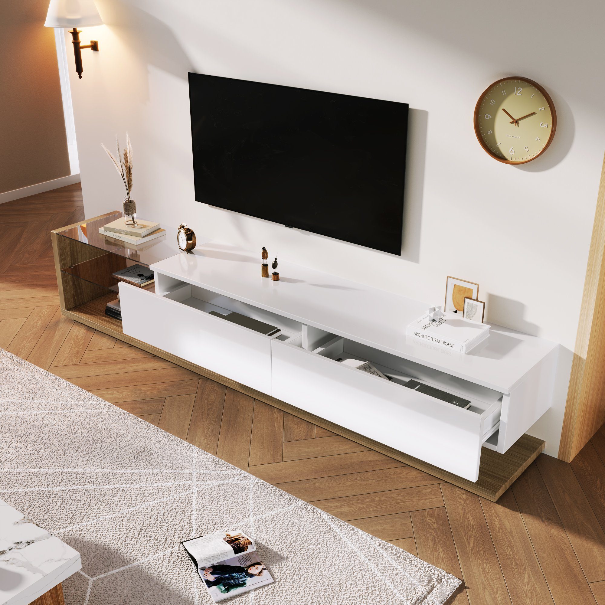 Natur variable TV Lowboards, LED-Beleuchtung, Board Fernsehtisch Glastrennwände Celya TV-Schrank Hochglanz-Wohnzimmermöbel und
