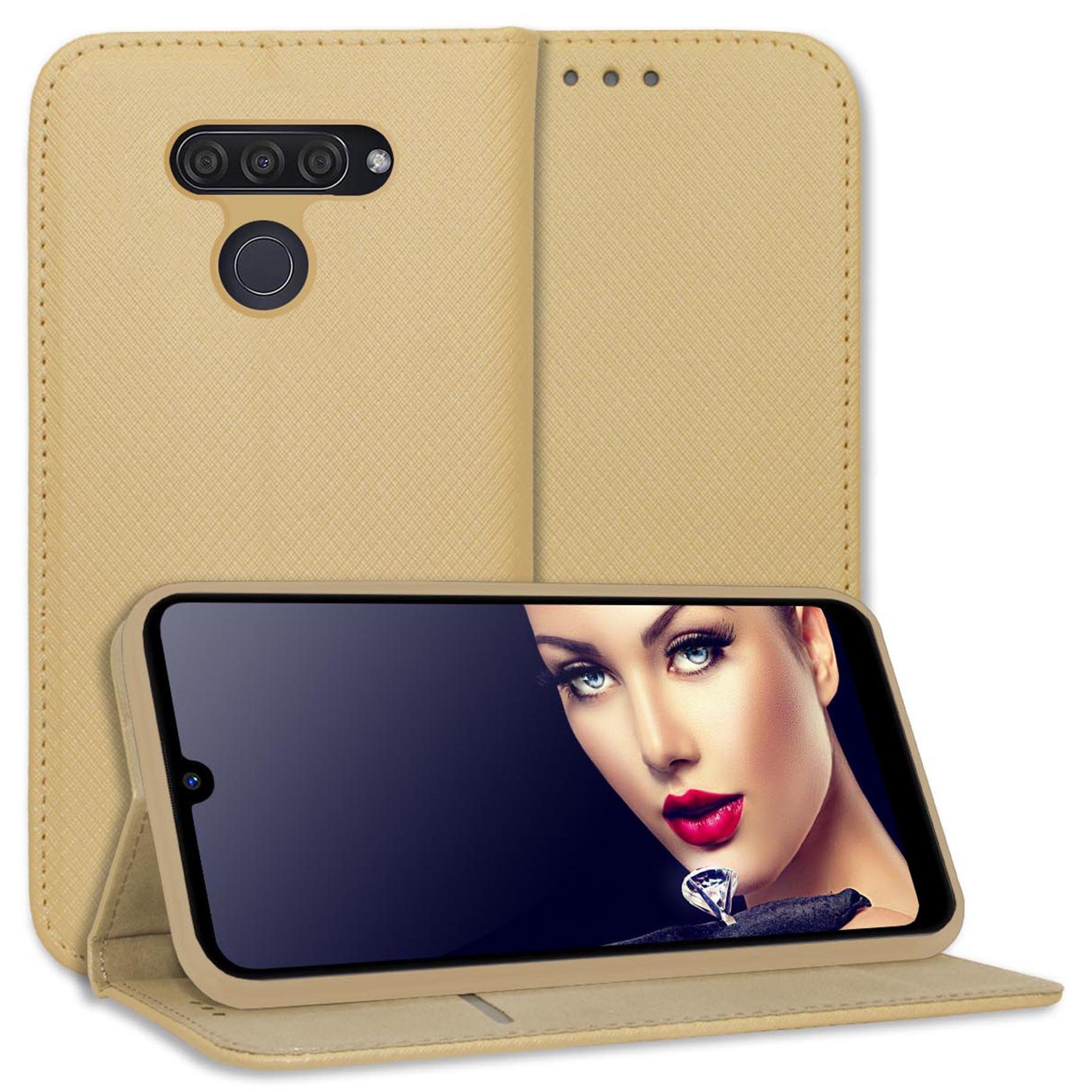 mtb more energy Smartphone-Hülle Smart Magnet für LG Q60, Gold, Bookstyle Klapphülle Cover Wallet Case aus Kunstleder