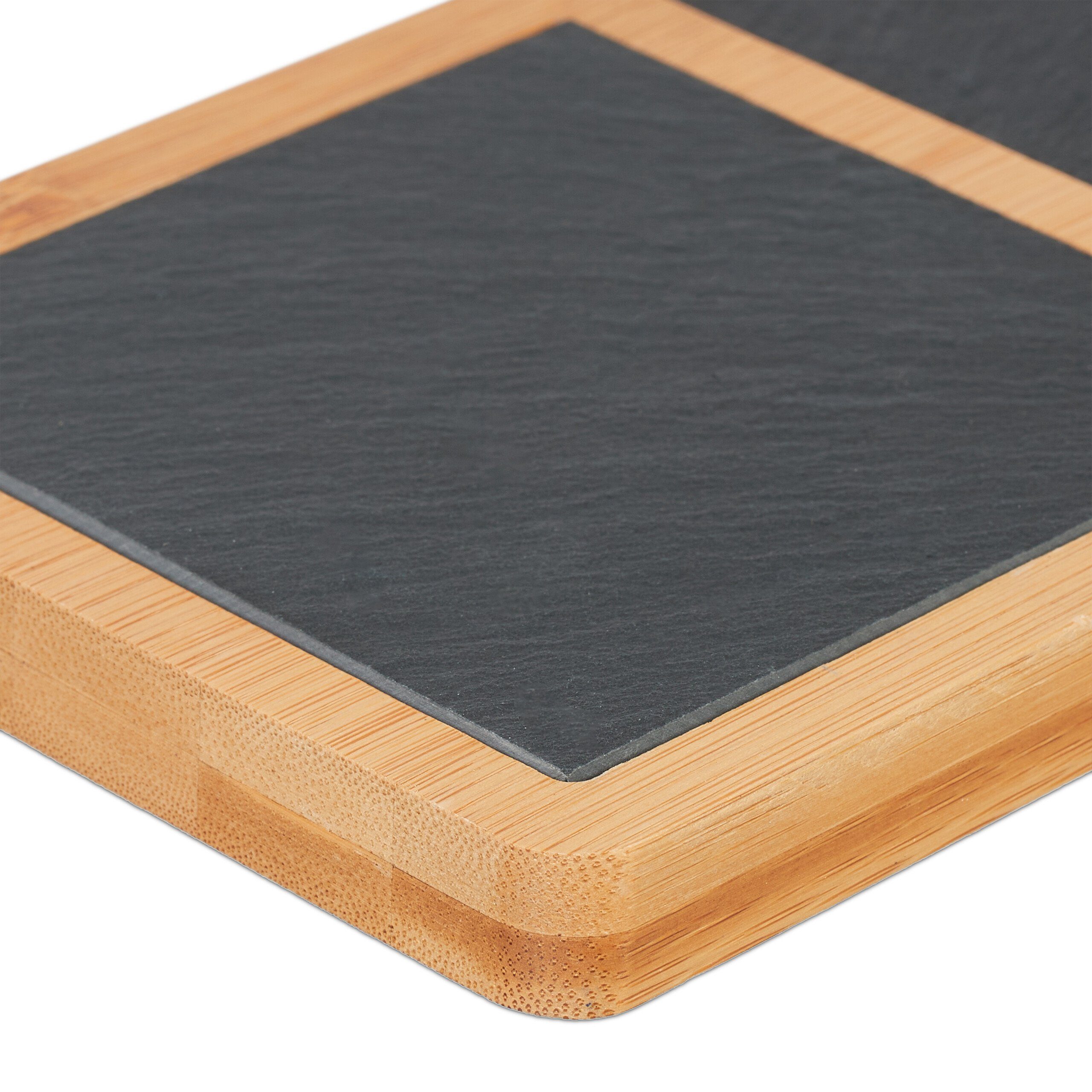 relaxdays Servierplatte Servierbrett mit Schieferplatten, Bambus