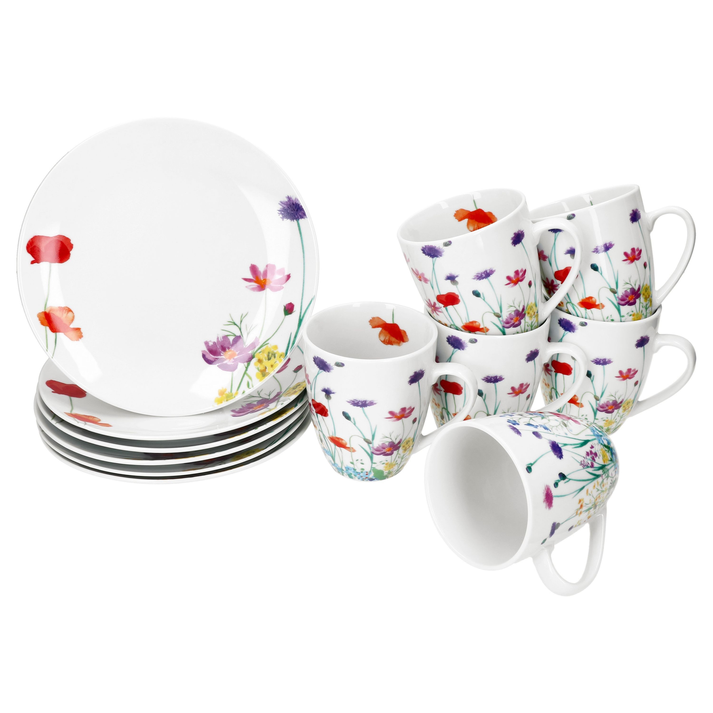 MamboCat Frühstücks-Geschirrset 12tlg Frühstücksset Marie Porzellan 6 Personen Teller Kaffeebecher, Porzellan