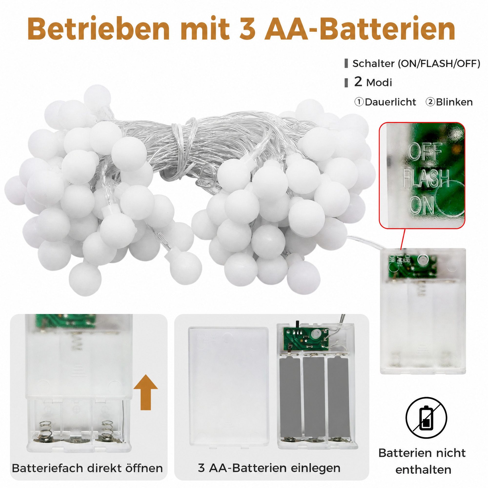 LOHAS-LED Lichterkette 40-LED-Kugel-Stimmungslicht für Feste & Balkon, 40-flammig, 4,1 m /später 4,3 m, Batterie & USB, RGB, IP65 wasserdicht