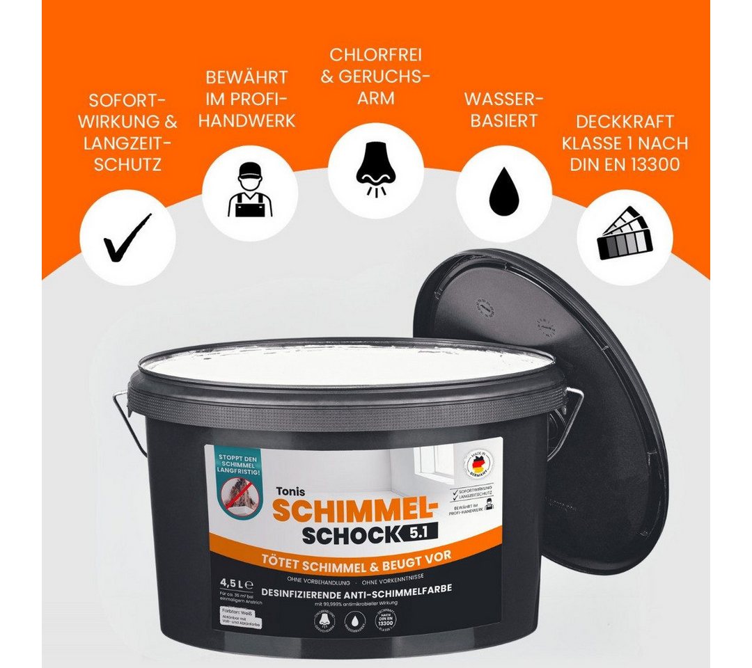 Thumbnail - Tonis SCHIMMELSCHOCK Wandfarbe Anti-Schimmel-Farbe 4,5 Liter, Schimmelblocker mit Langzeitwirkung, Wandfarbe für ca. 18m...