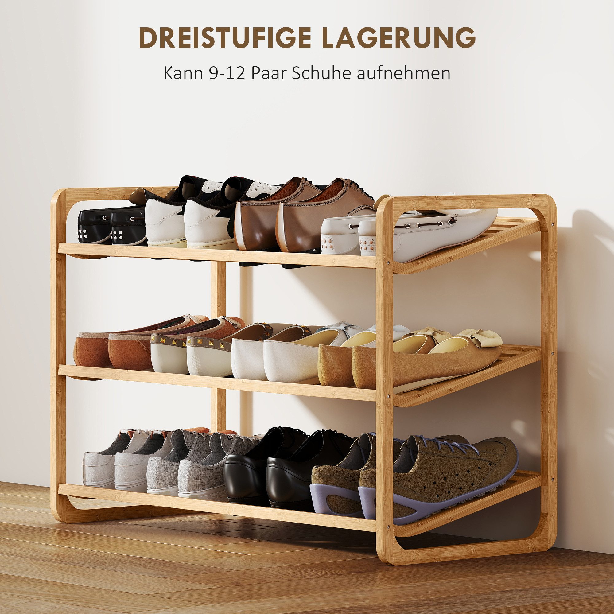 HOMCOM Standregal 3-stöckiges Schuhregal aus Bambus, freistehendes Aufbewahrungsregal für 12 Paar Schuhe 1-tlg., Schuhregalständer für Flur, Wohnzimmer, 76 x 33 – Bild 5 von 5