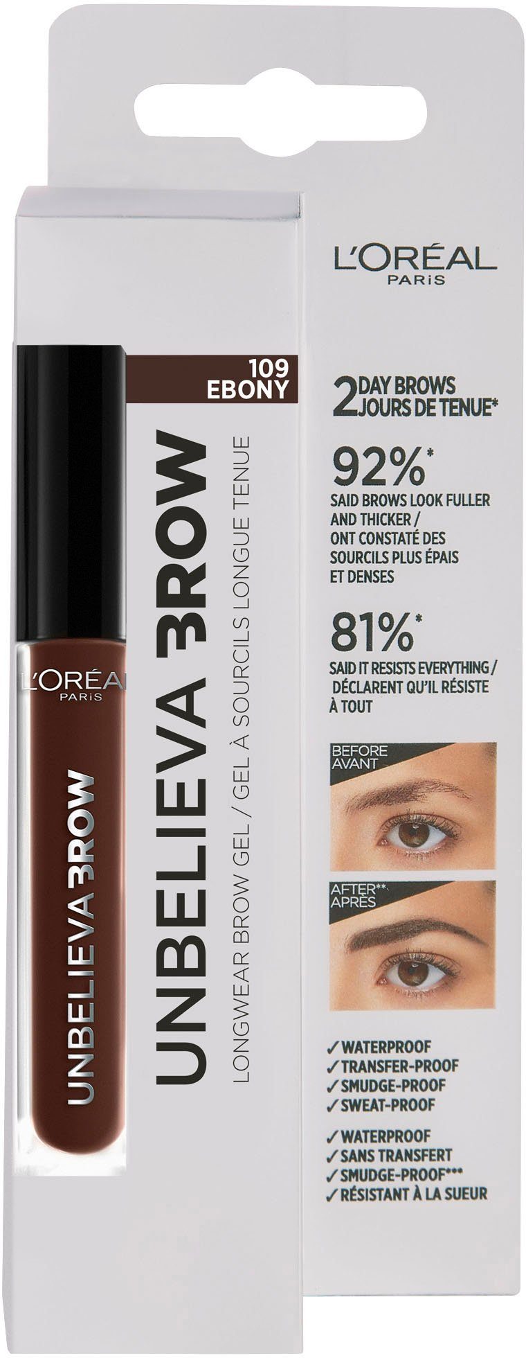 L'ORÉAL PARIS Augenbrauen-Gel Unbelieva Brow, unterschiedlichen Applikatoren, mit wischfest, Ebony Augen-Make-Up 109