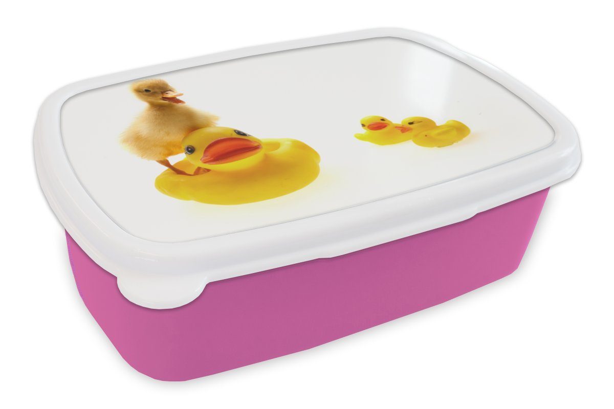 MuchoWow Lunchbox Baby-Ente in der Badewanne, Kunststoff, (2-tlg), Brotbox für Erwachsene, Brotdose Kinder, Snackbox, Mädchen, Kunststoff rosa