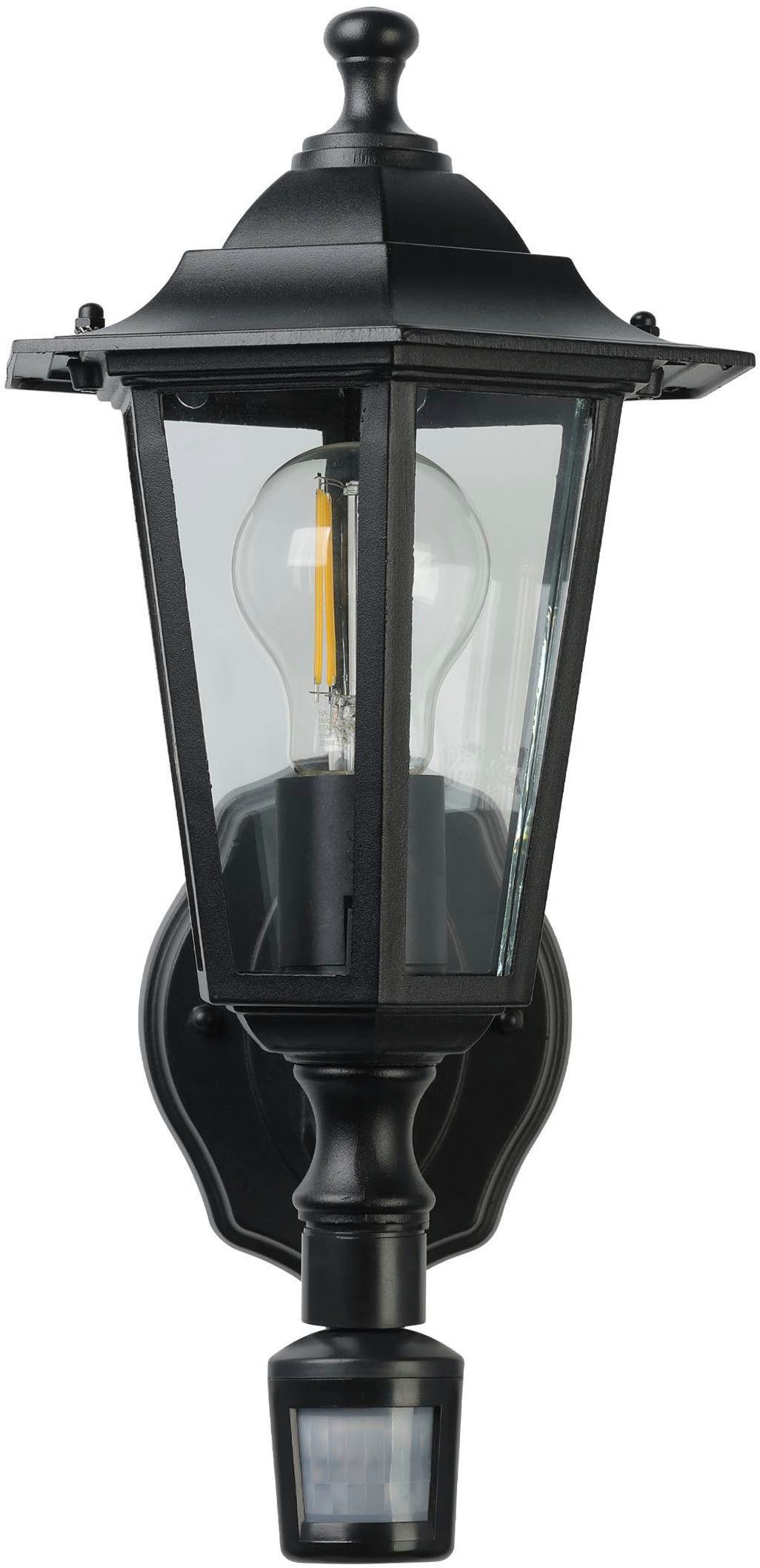 EGLO Wandleuchte Laterna 4 Außen-Wandlampe, Außenleuchte, Aluguss und Glas, E27, IP44, Bewegungsmelder, Sensorschalter, ohne Leuchtmittel, Wand-/Deckenleuchte - L16,5 x H36 x AL21,5 cm - schwarz - 1X60W exkl.