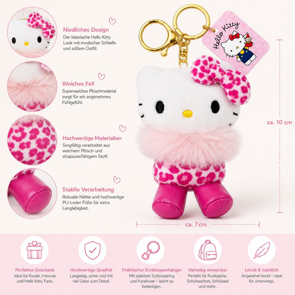 SANRIO Plüschanhänger Hello Kitty Bagclip Kuscheltier Plüsch pink Schlüsselanhänger 10cm (Set, 1-St., Plüschtier mit Anhänger), Weicher Taschenanhänger mit Leo-Design, Clip und Schlüsselring
