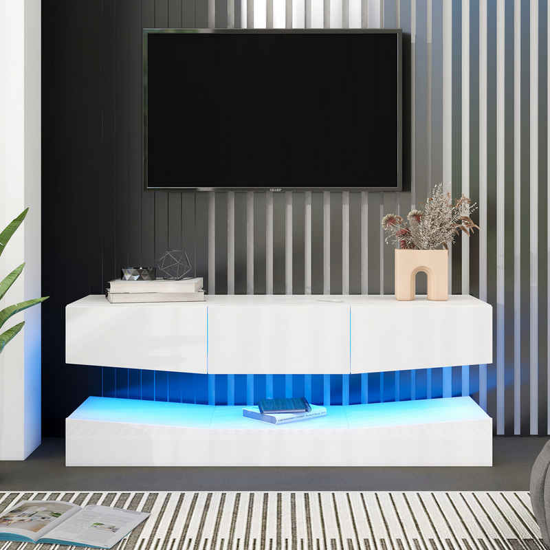 MODFU TV-Schrank Lowboard (mit LED-Beleuchtung TV Schrank Hängend, Wand befestigter schwimmender TV-Ständer Unterhaltungs) Medienkonsolen-Center für Wohnzimmer Home