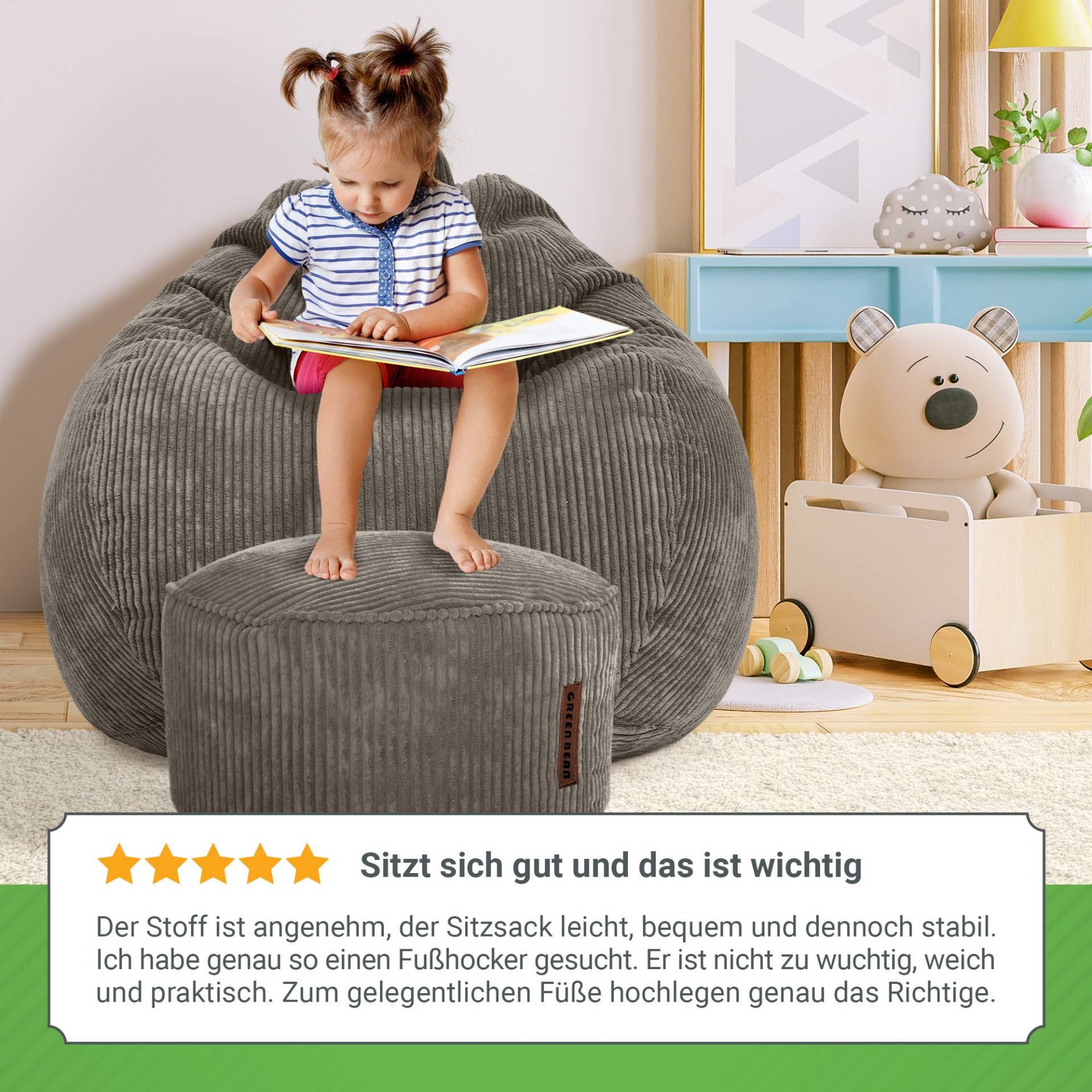 Green Bean Sitzsack XXL Sitzsack Scoop + Hocker aus Cord, Indoor Sitzkissen mit Sitzhocker, Relax Sessel – Bild 4 von 5